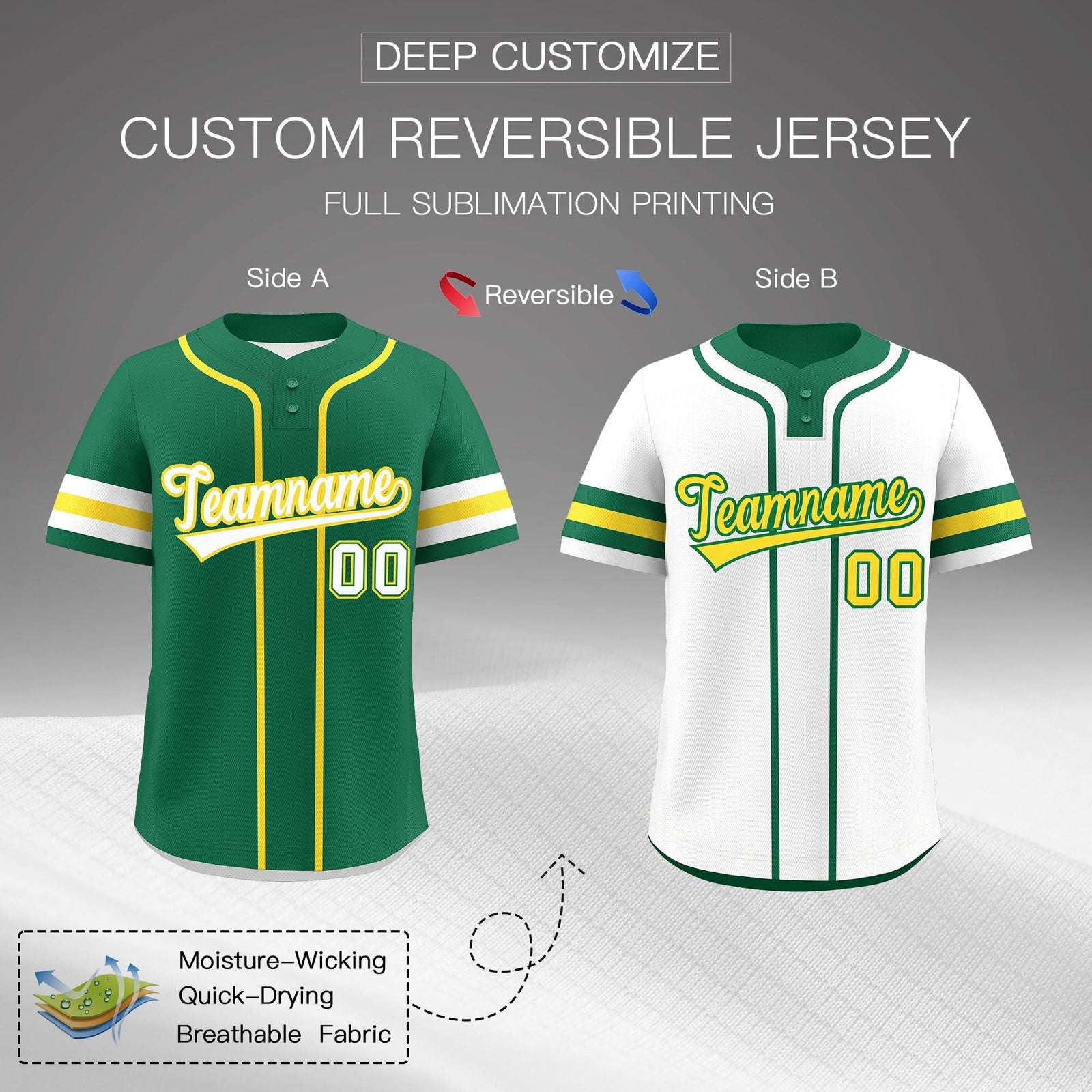 Custom White Gold Kelly Green Reversible Classic Style Two-Button Baseball Jersey| KXKSHOP