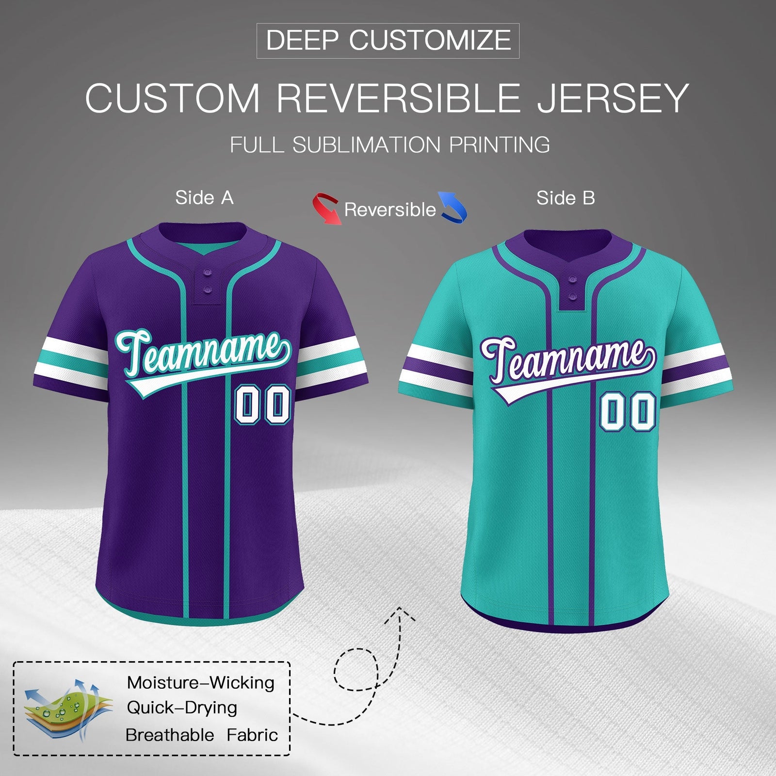 Custom White Aqua Purple Reversible Classic Style Two-Button Baseball Jersey| KXKSHOP