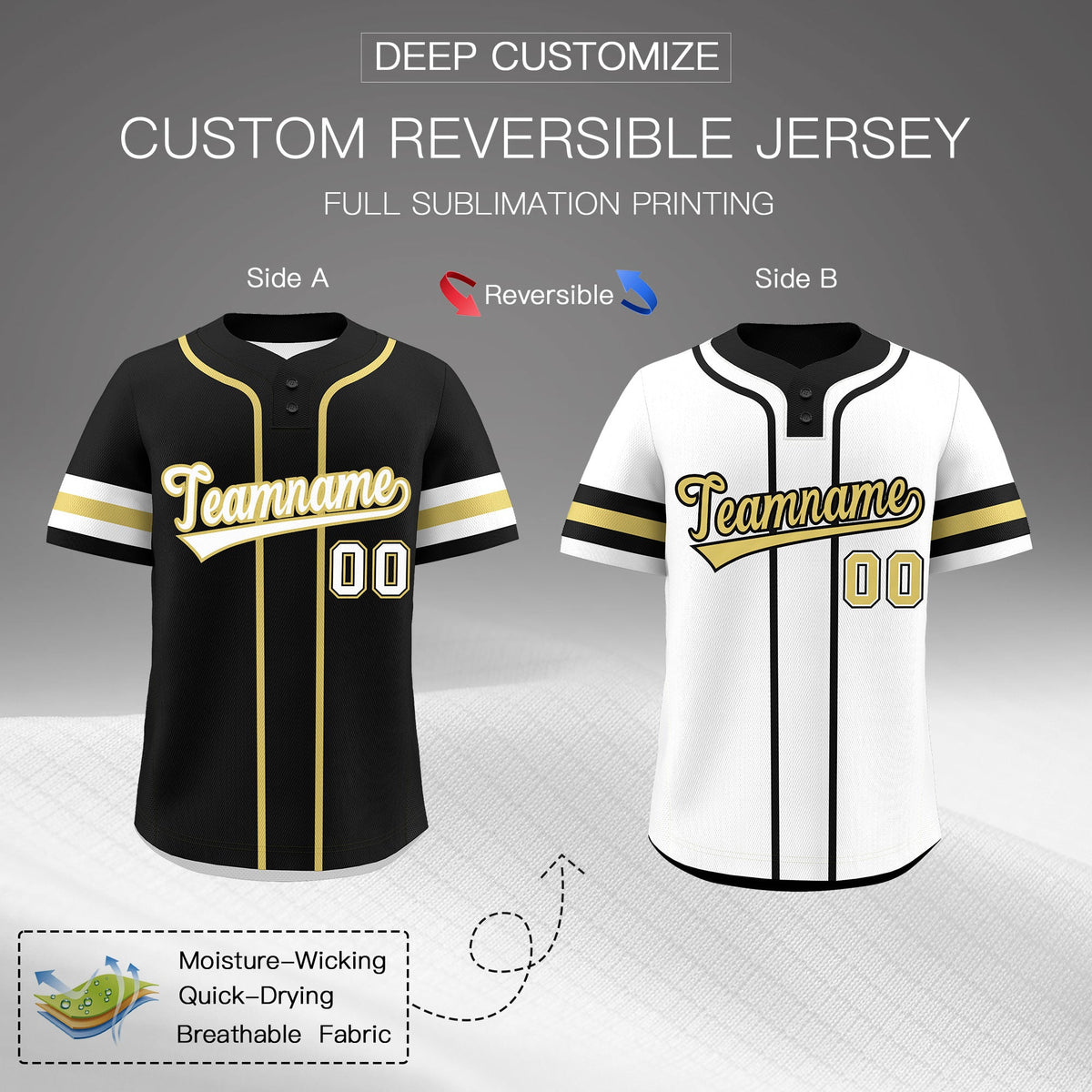 Custom White Old Gold Black Reversible Classic Style Two-Button Baseball Jersey| KXKSHOP