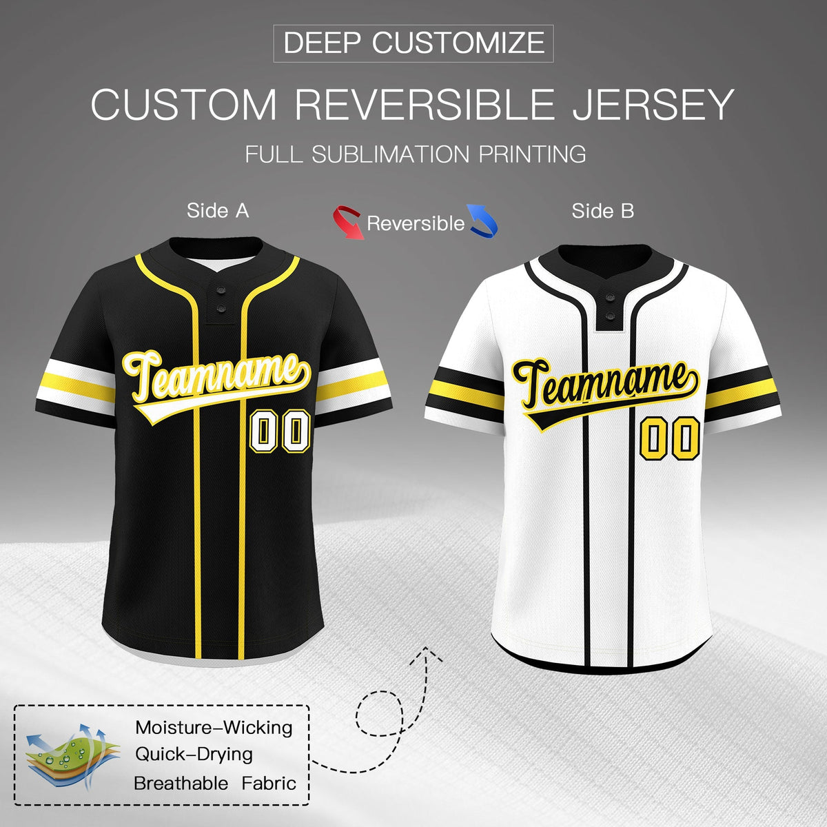 Custom White Gold Black Reversible Classic Style Two-Button Baseball Jersey| KXKSHOP