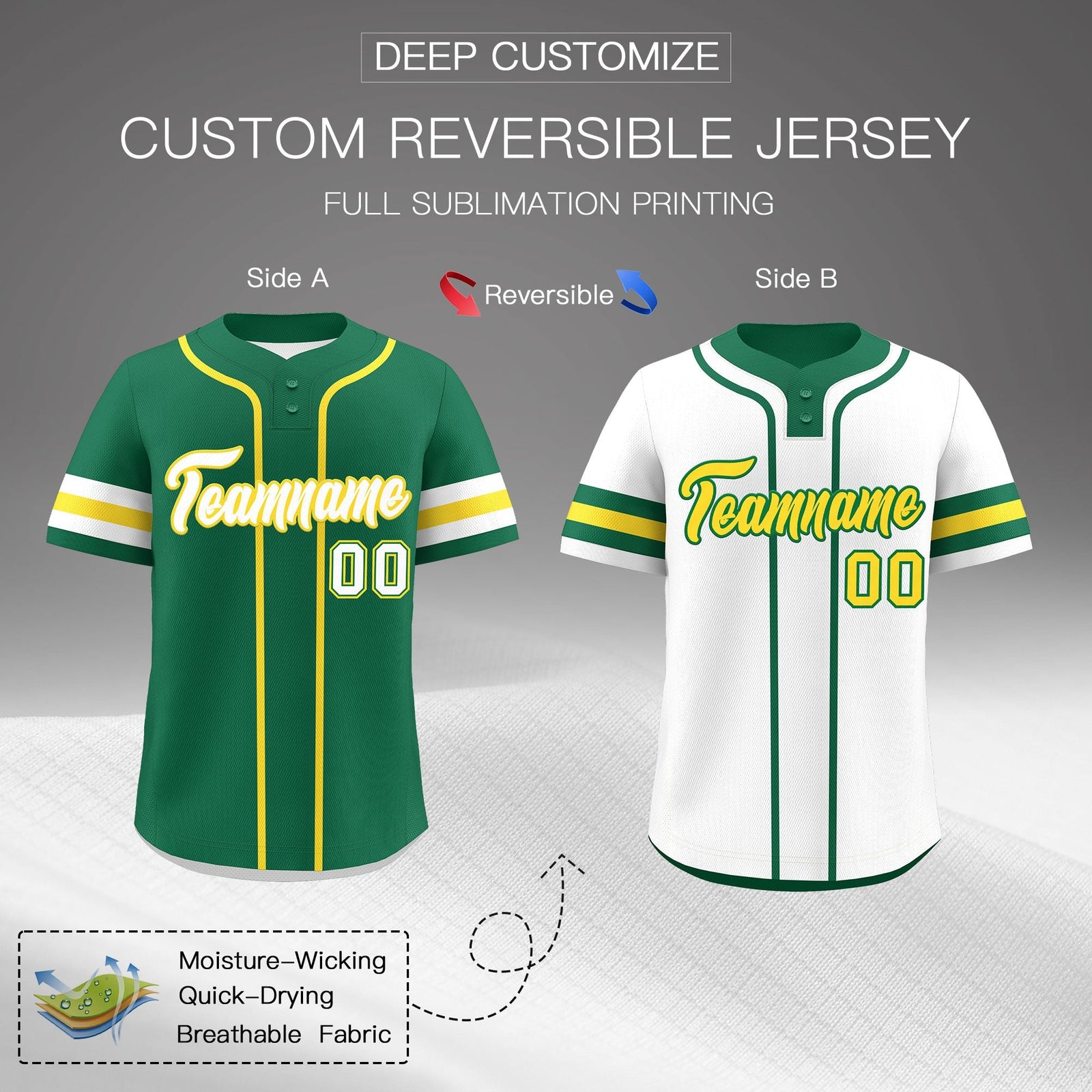 Custom White Gold Kelly Green Reversible Classic Style Two-Button Baseball Jersey| KXKSHOP