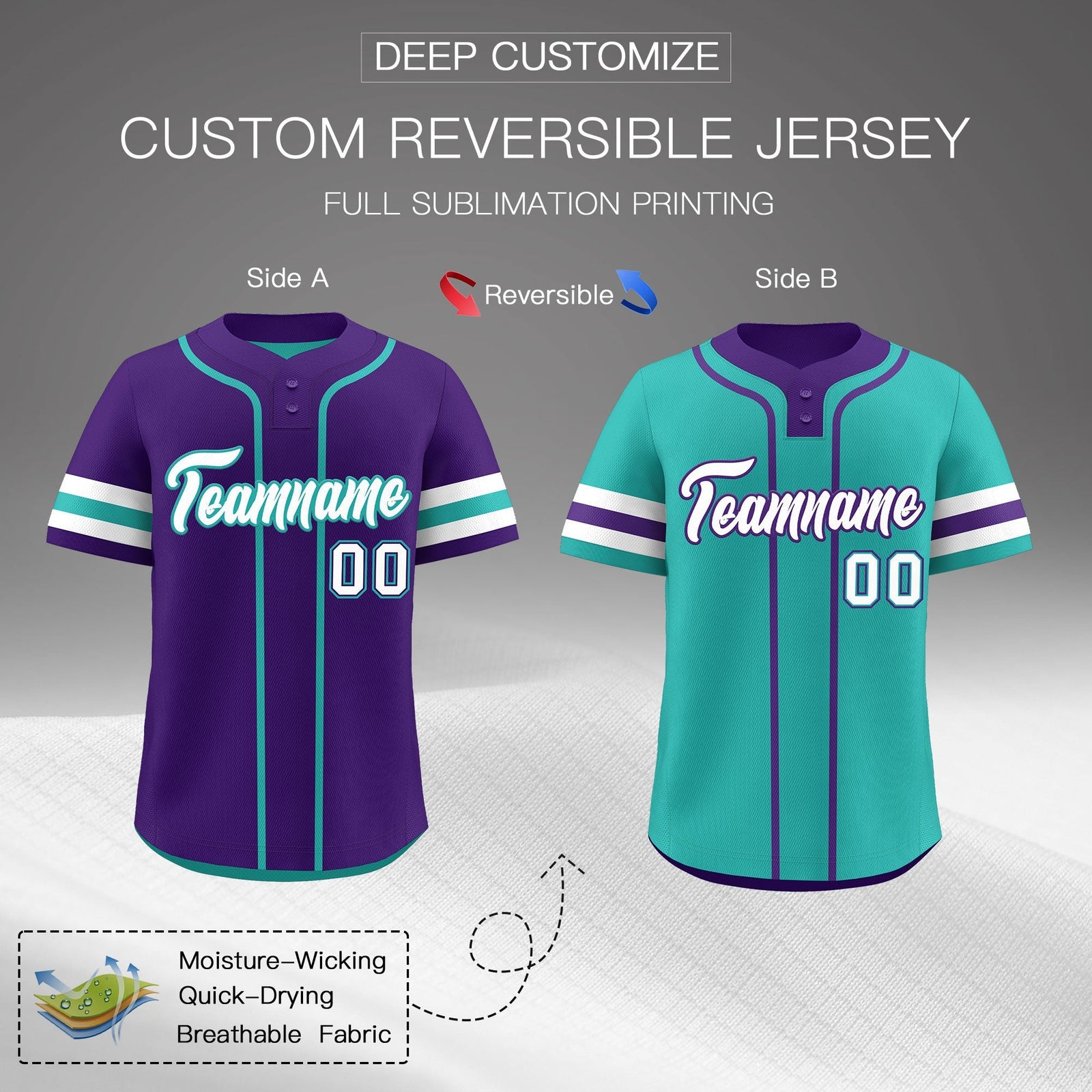 Custom White Aqua Purple Reversible Classic Style Two-Button Baseball Jersey| KXKSHOP