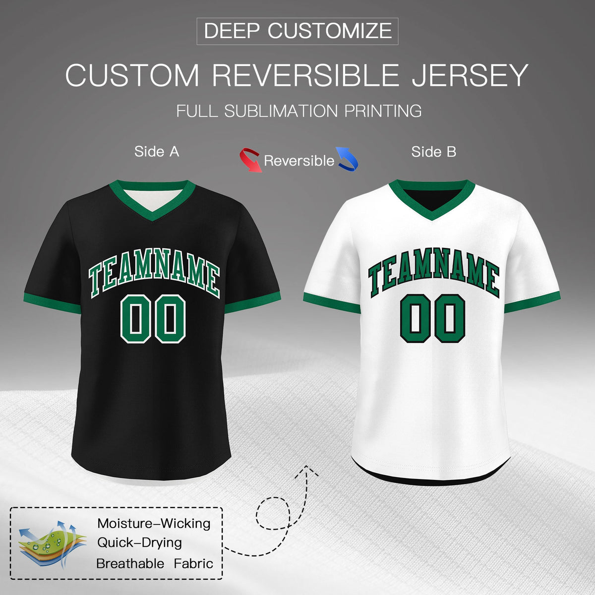 Custom White Black Kelly Green Reversible Classic Style Breathable Baseball Jersey| KXKSHOP