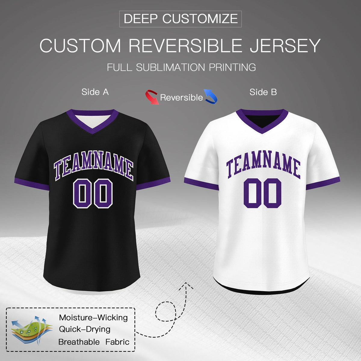 Custom White Black Purple Reversible Classic Style Quick Dry Baseball Jersey| KXKSHOP