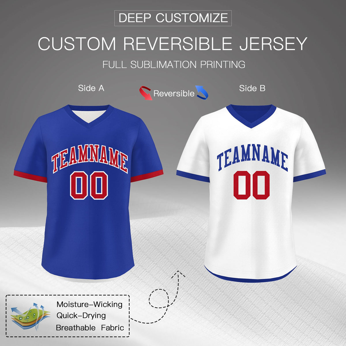 Custom Royal Blue White Red Reversible Classic Style Breathable Baseball Jersey| KXKSHOP