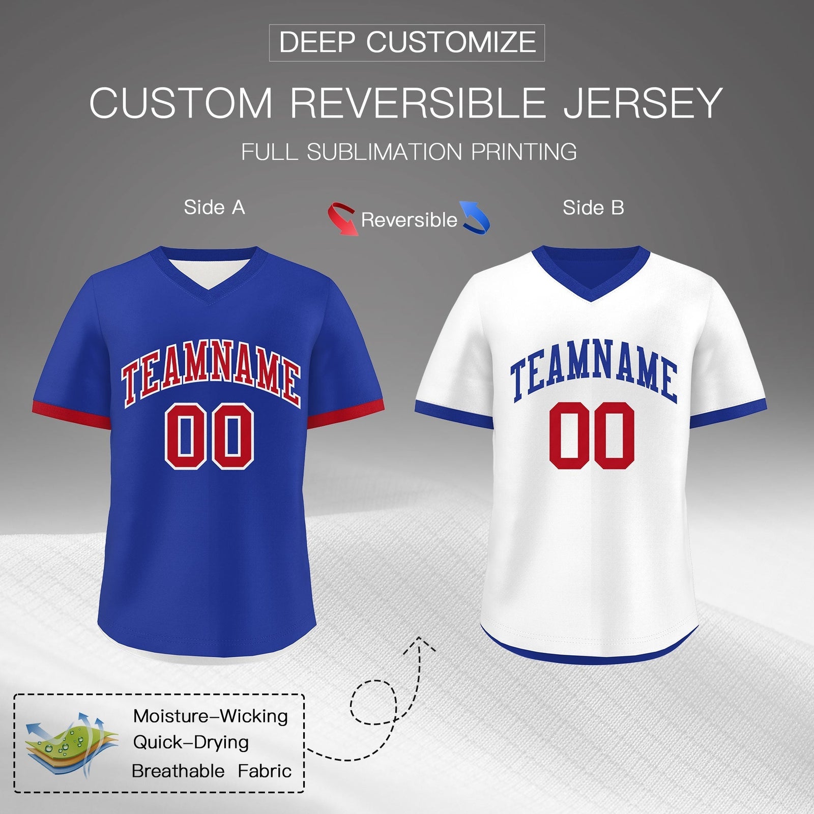 Custom Royal Blue White Red Reversible Classic Style Breathable Baseball Jersey| KXKSHOP
