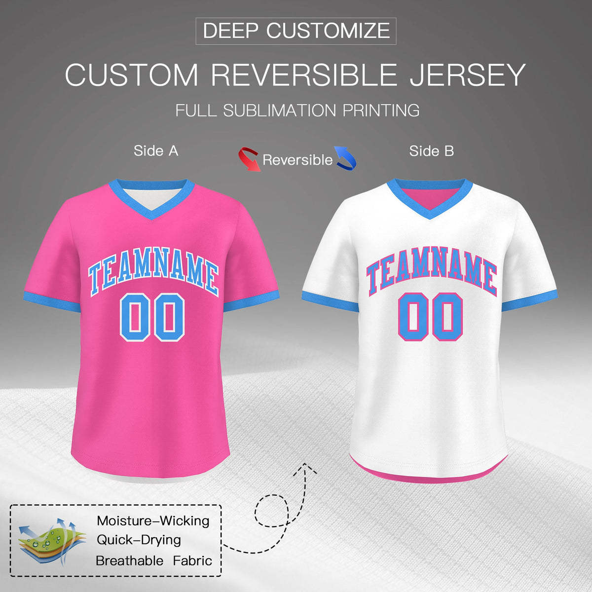 Custom White Pink Powder Blue Reversible Classic Style Quick Dry Baseball Jersey| KXKSHOP