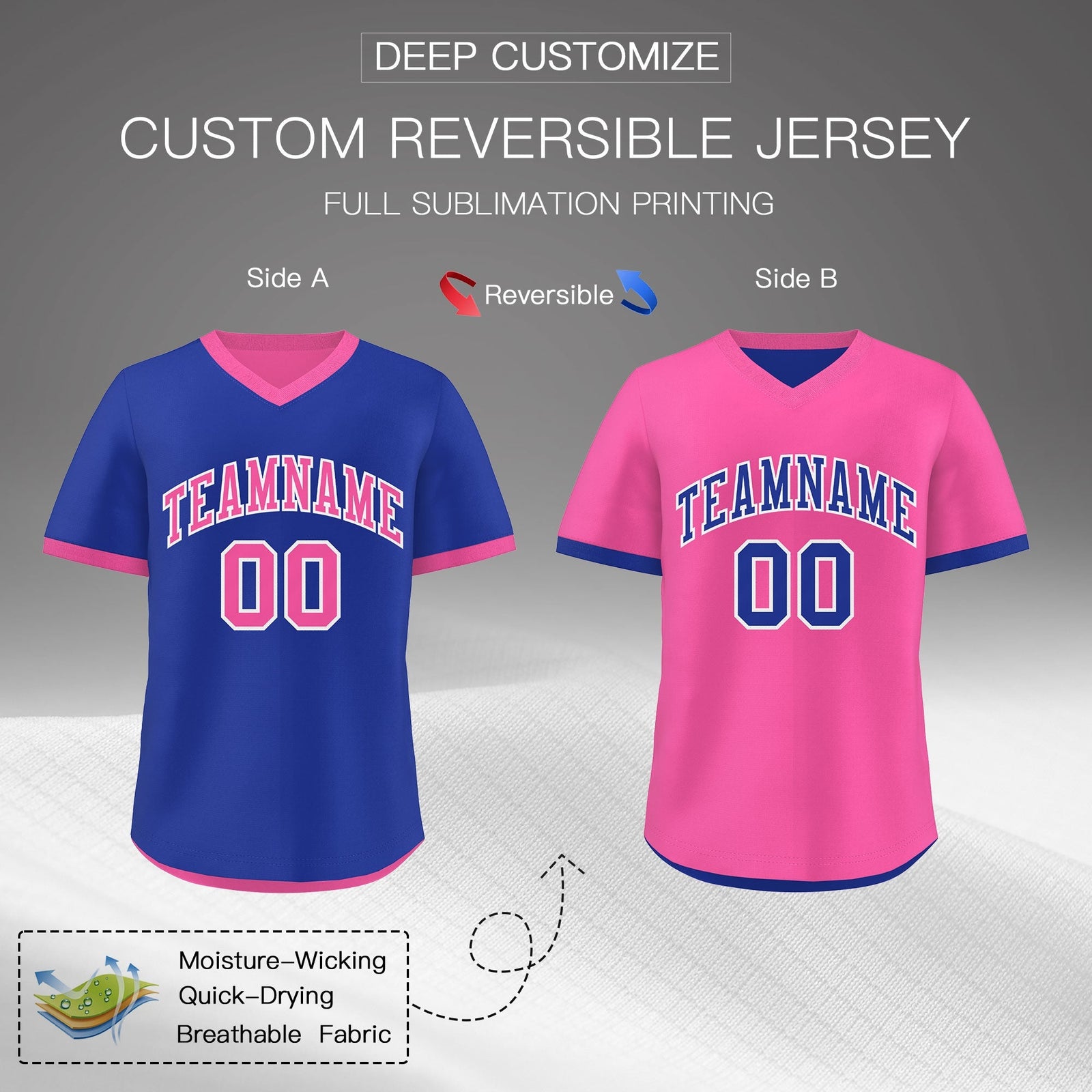 Custom Pink Royal Blue Reversible Classic Style Quick Dry Baseball Jersey| KXKSHOP