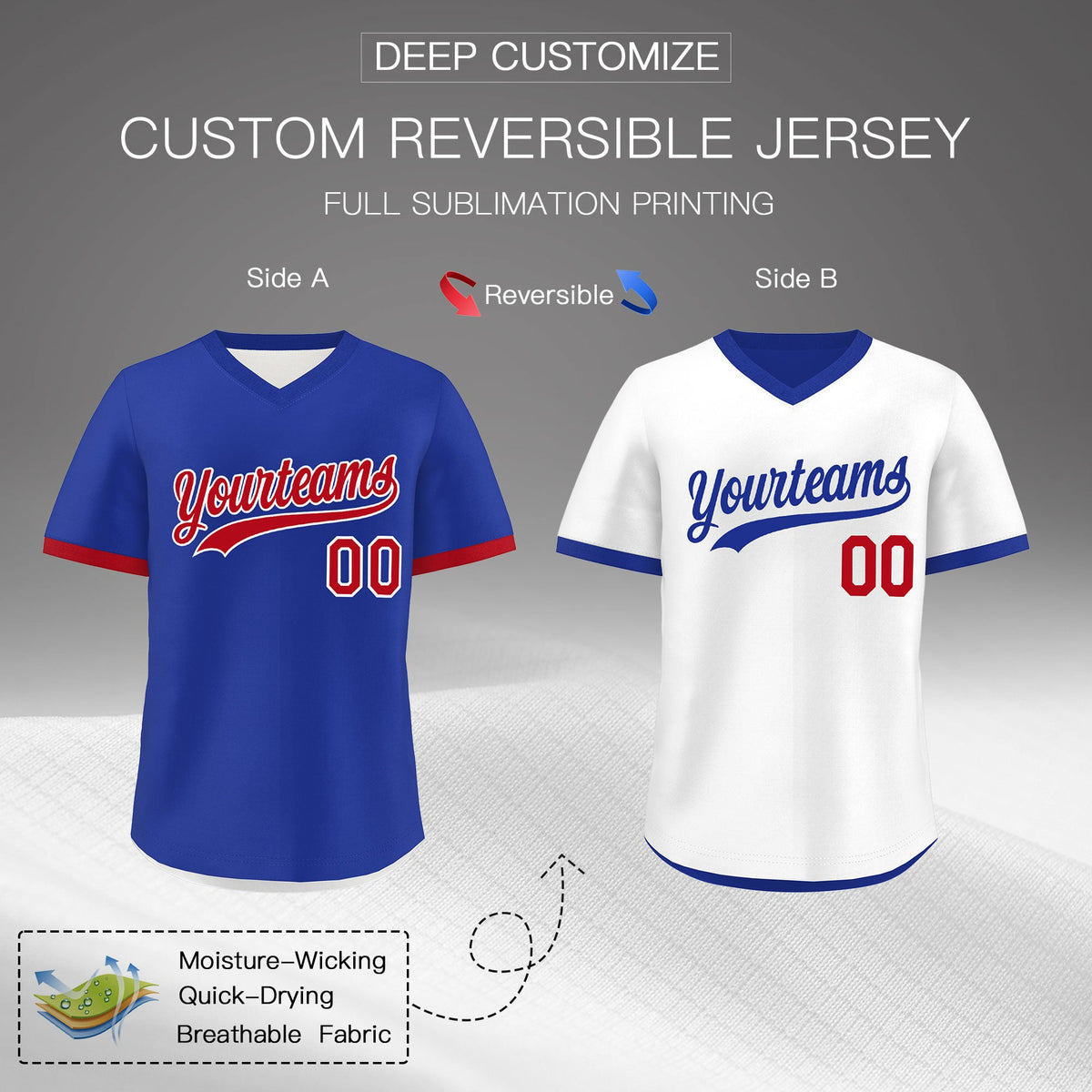 Custom Royal Blue White Red Reversible Classic Style Breathable Baseball Jersey| KXKSHOP
