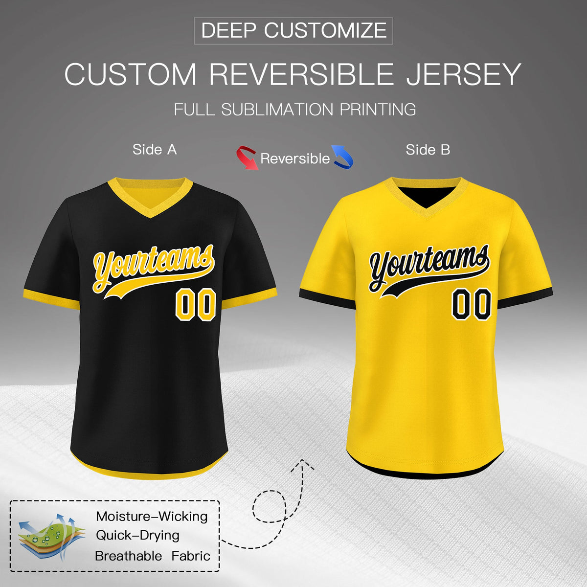 Custom Gold Black Reversible Classic Style Quick Dry Baseball Jersey| KXKSHOP