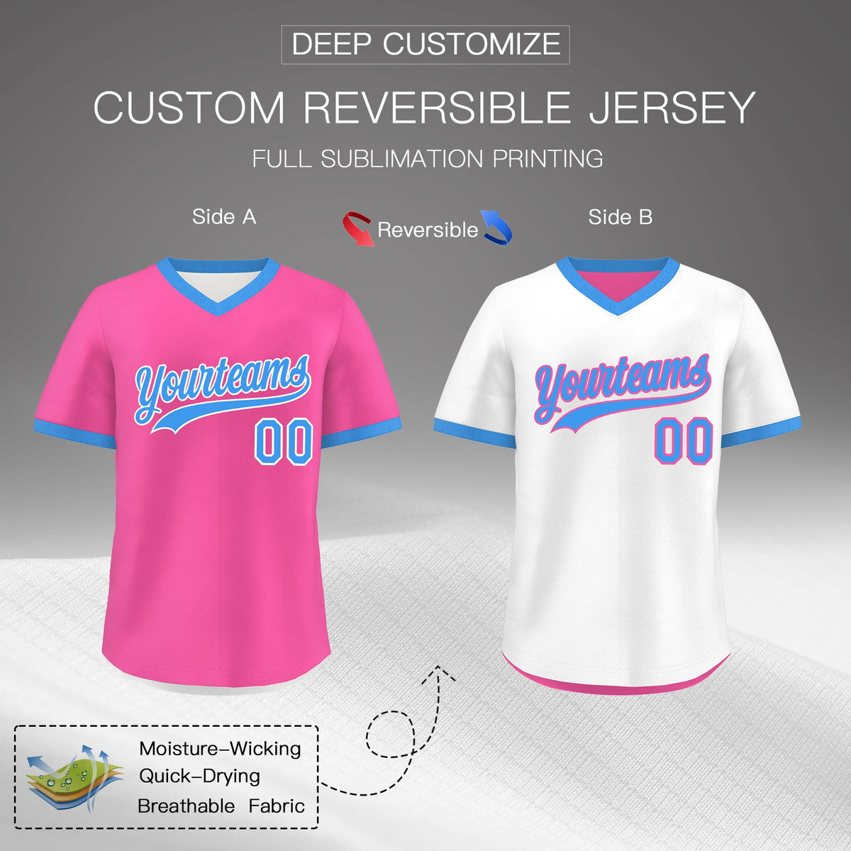 Custom White Pink Powder Blue Reversible Classic Style Quick Dry Baseball Jersey| KXKSHOP