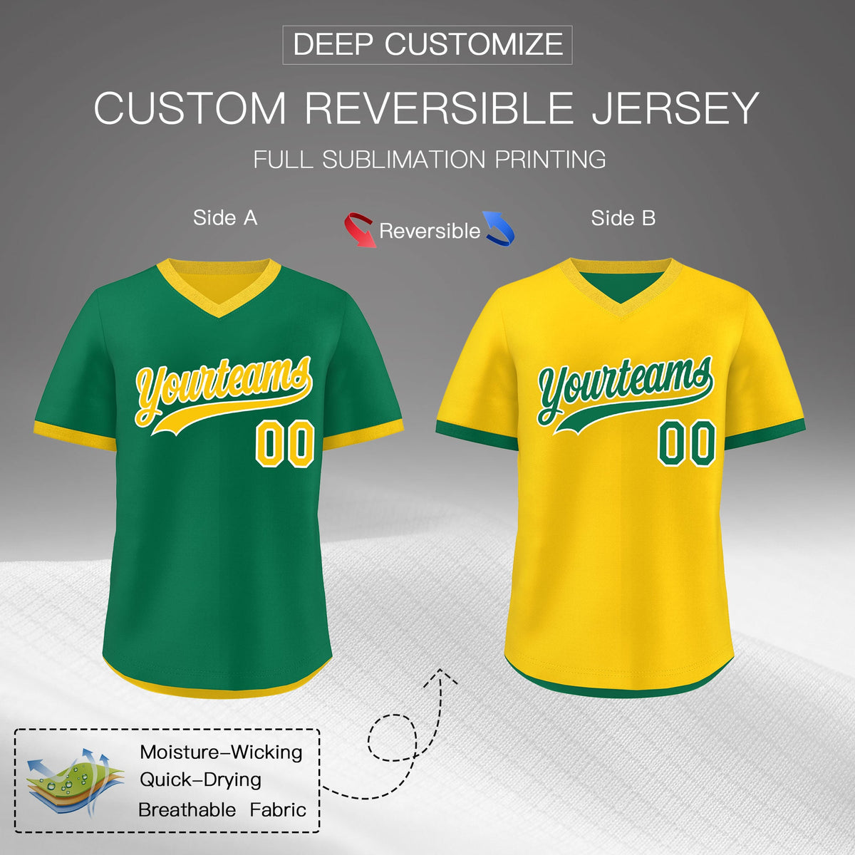 Custom Kelly Green Gold Reversible Classic Style Quick Dry Baseball Jersey| KXKSHOP
