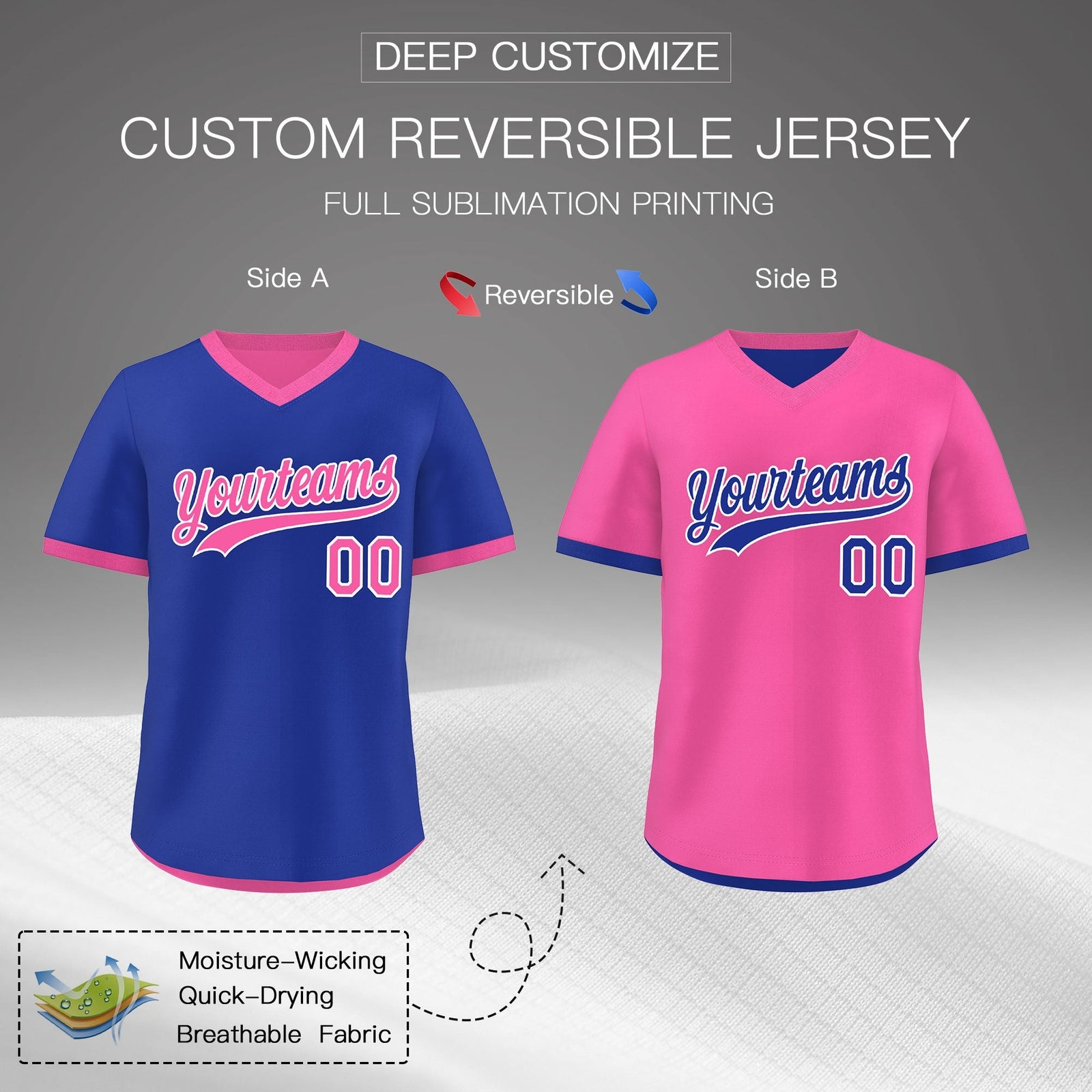 Custom Pink Royal Blue Reversible Classic Style Quick Dry Baseball Jersey| KXKSHOP