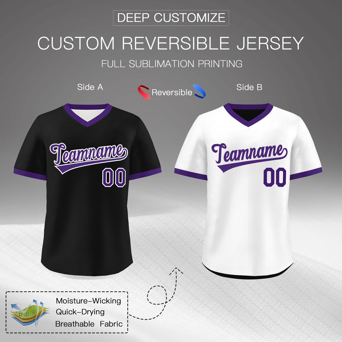 Custom White Black Purple Reversible Classic Style Quick Dry Baseball Jersey| KXKSHOP