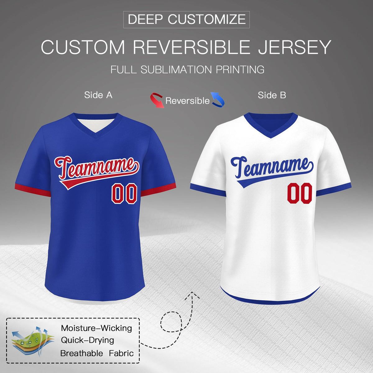 Custom Royal Blue White Red Reversible Classic Style Breathable Baseball Jersey| KXKSHOP