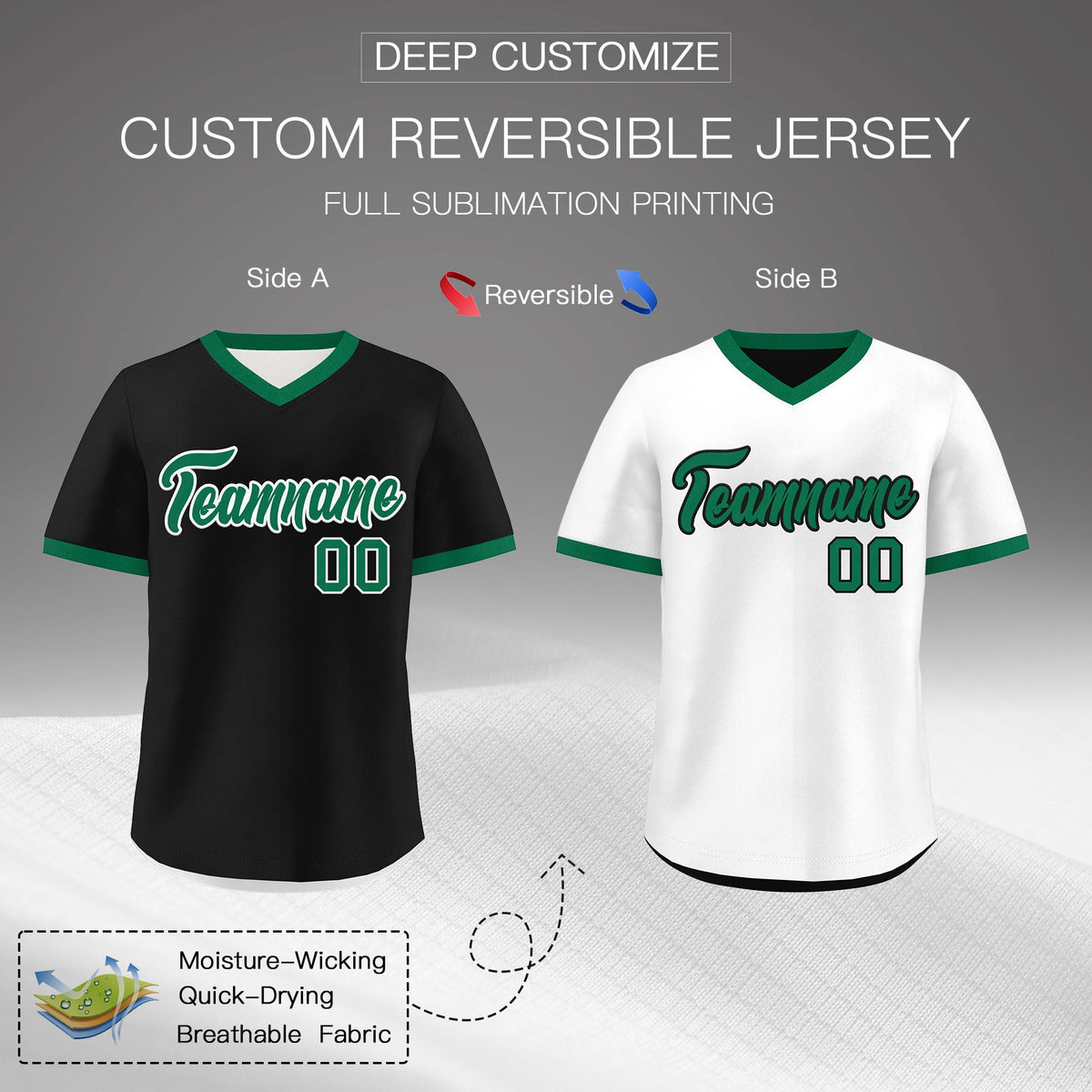 Custom White Black Kelly Green Reversible Classic Style Breathable Baseball Jersey| KXKSHOP