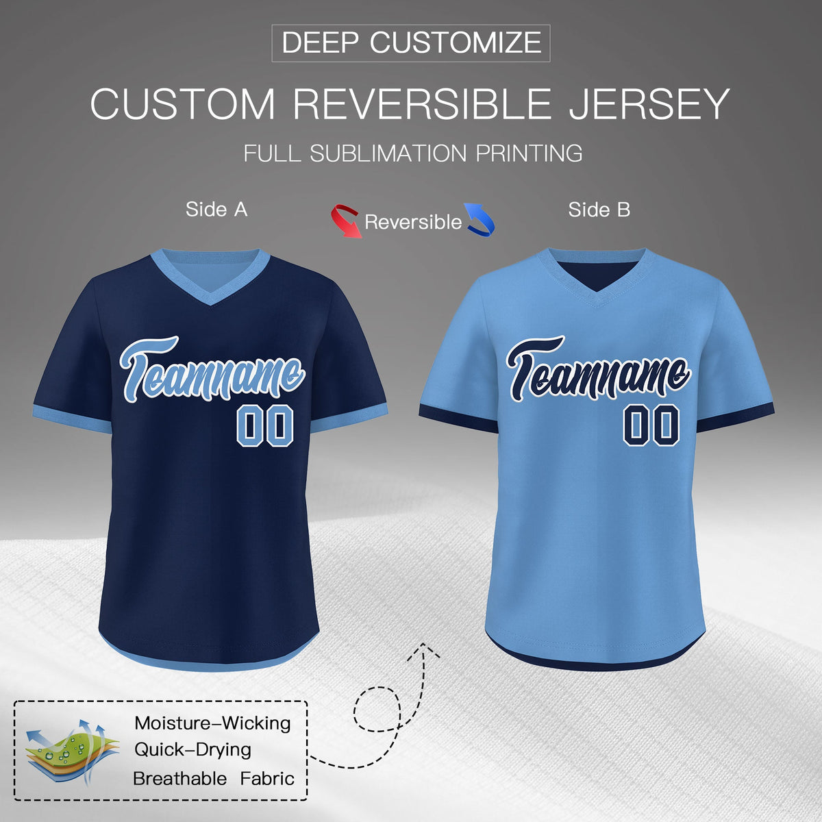 Custom Light Blue Navy Reversible Classic Style Lightweight Baseball Jersey| KXKSHOP