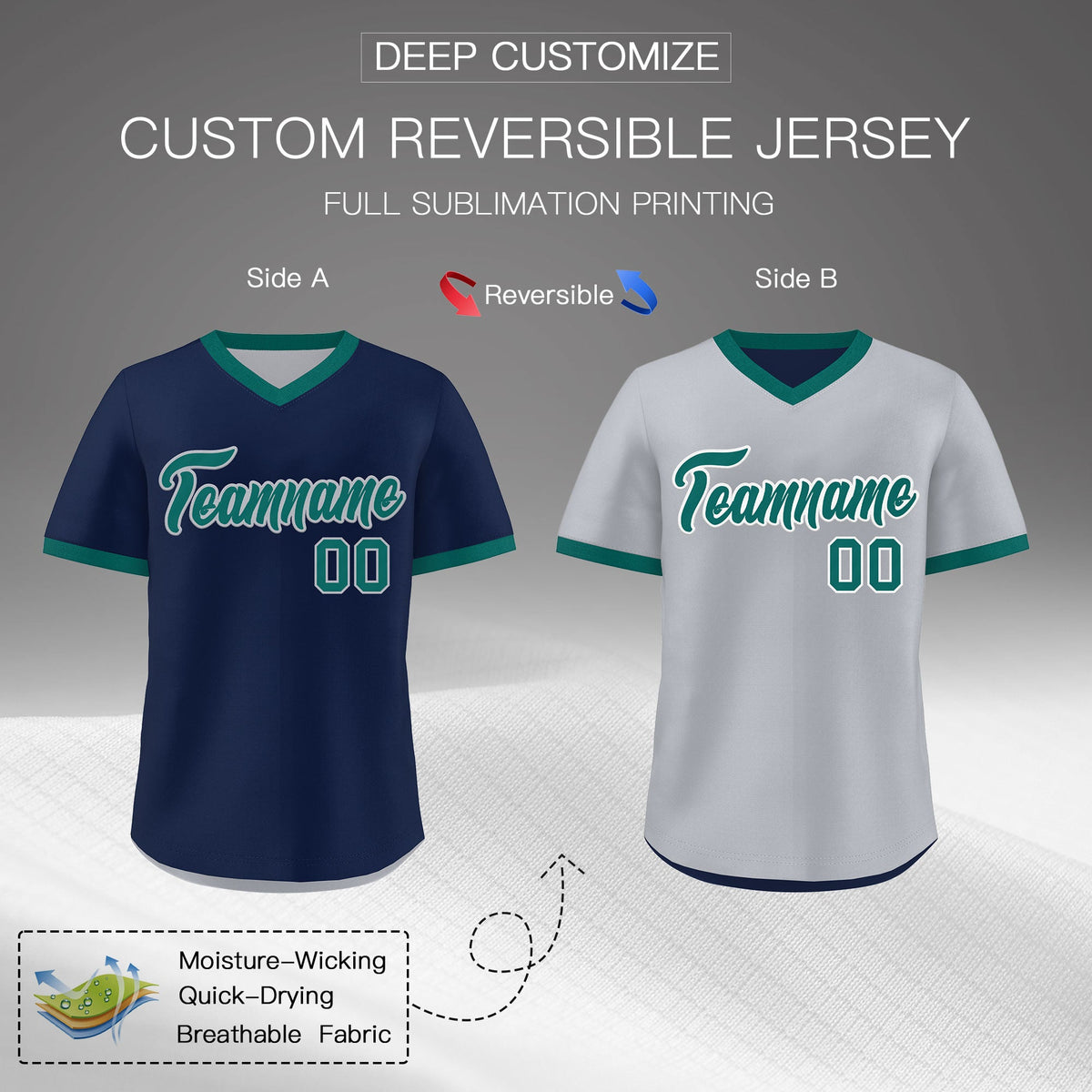 Custom Teal Silver Reversible Classic Style Quick Dry Baseball Jersey| KXKSHOP