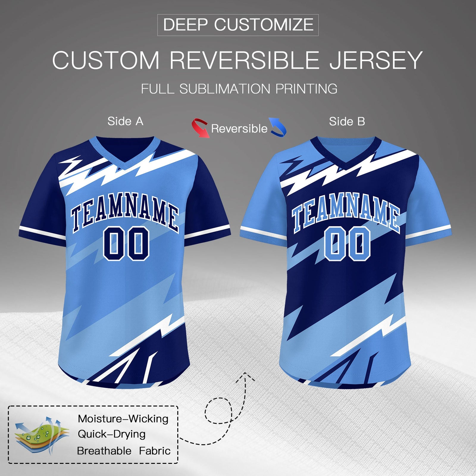 Custom Light Blue Powder Blue White Reversible Tops Lightning Pattern Graffiti Pattern Pullover V-Neck Baseball Jersey| KXKSHOP