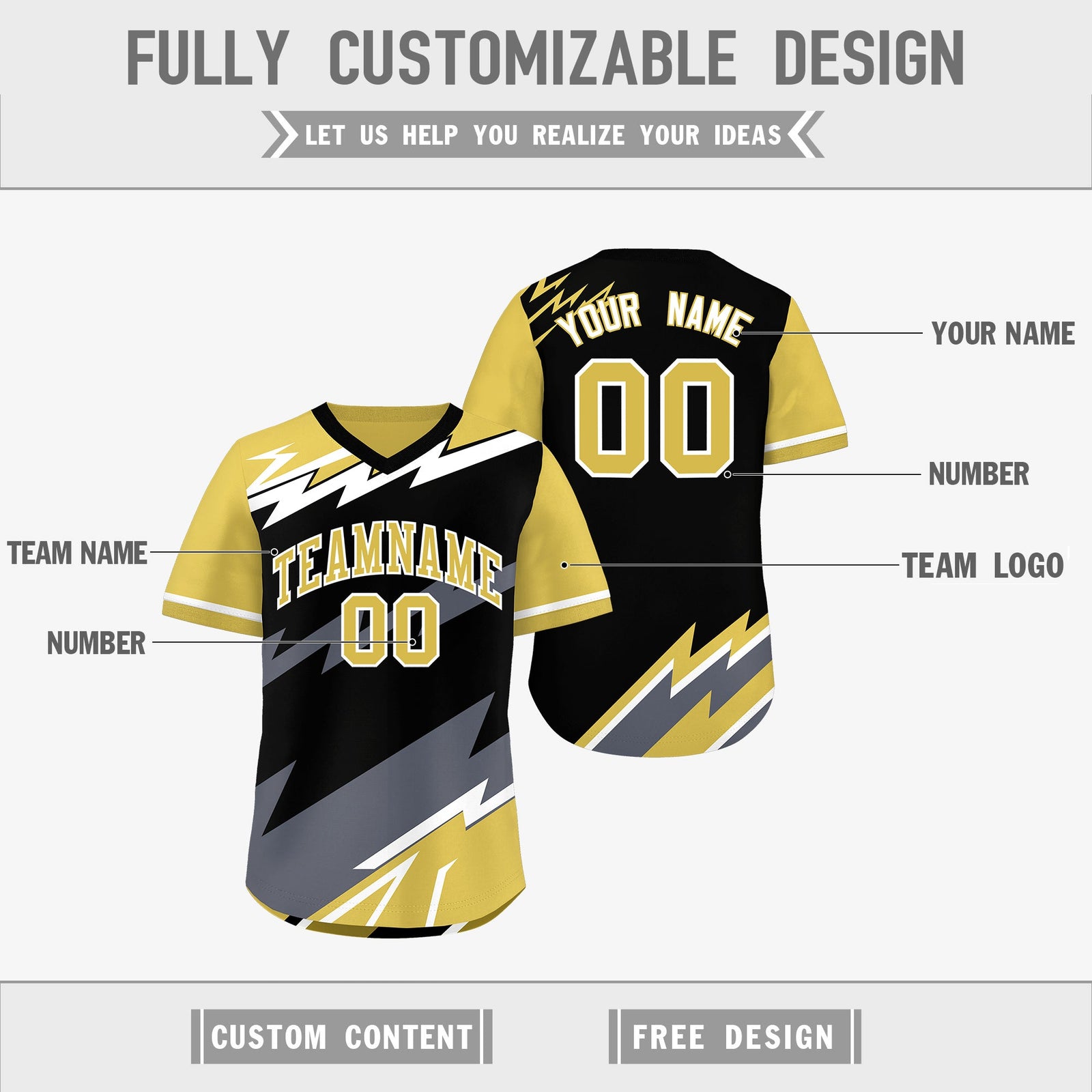 Custom Black Old Gold Gray Reversible Tops Lightning Pattern Graffiti Pattern Pullover V-Neck Baseball Jersey| KXKSHOP