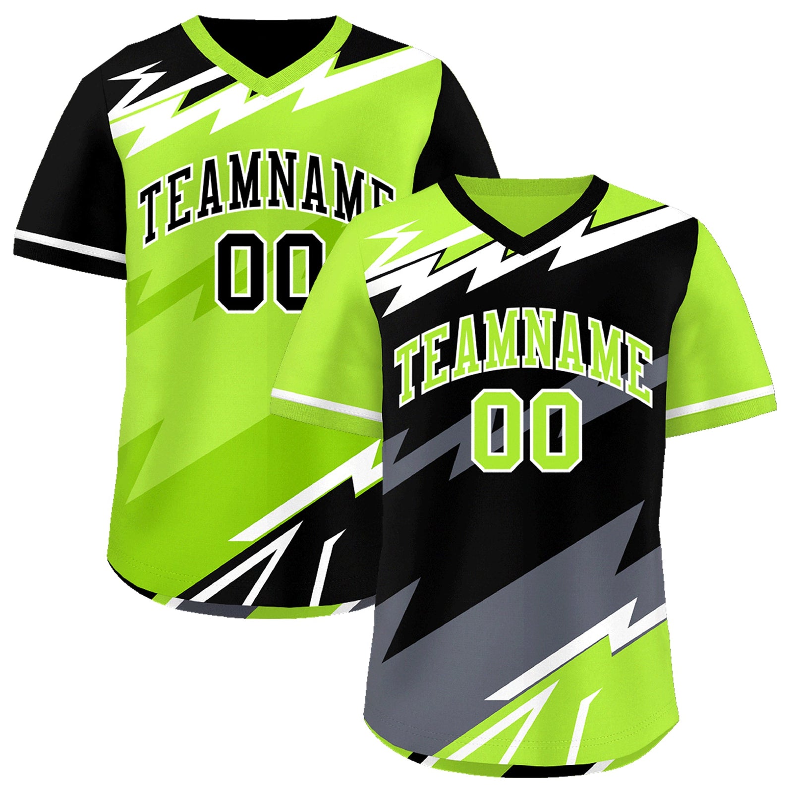 Custom Black Neon Green Gray Reversible Tops Lightning Pattern Graffiti Pattern Pullover V-Neck Baseball Jersey| KXKSHOP