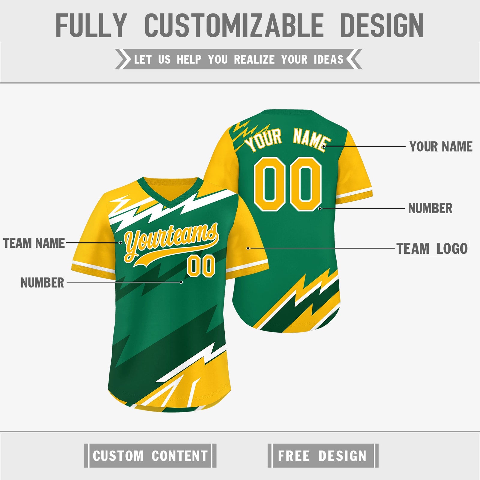 Custom Kelly Green Dark Green Yellow Reversible Tops Lightning Pattern Graffiti Pattern Pullover V-Neck Baseball Jersey| KXKSHOP