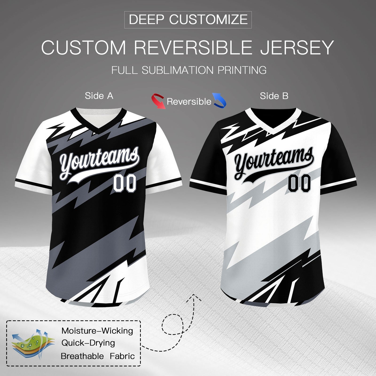 Custom Black White Gray Reversible Tops Lightning Pattern Graffiti Pattern Pullover V-Neck Baseball Jersey| KXKSHOP