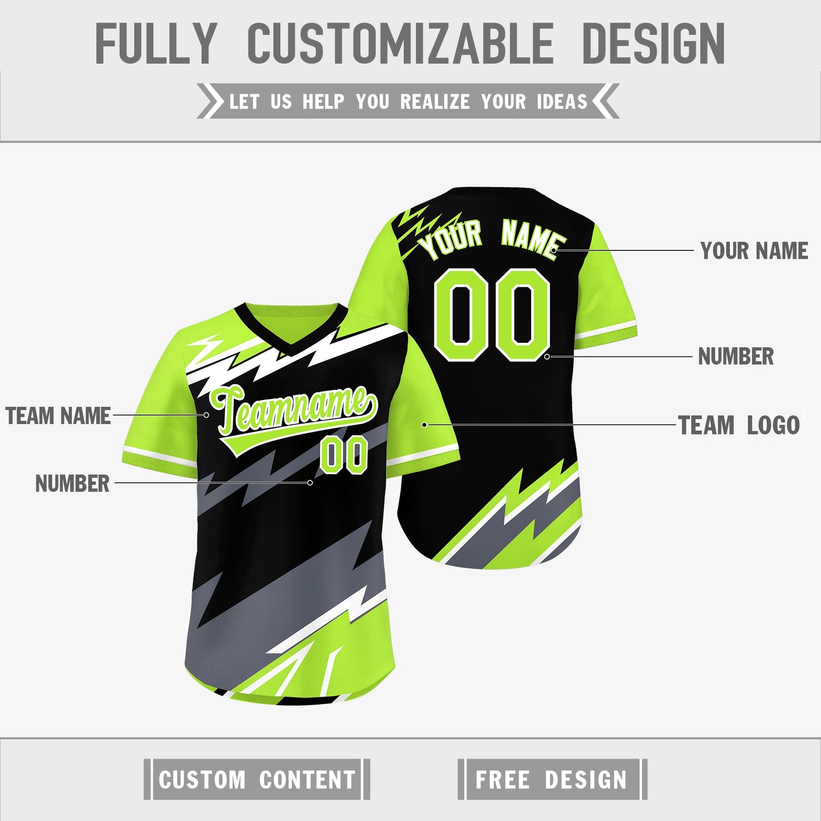 Custom Black Neon Green Gray Reversible Tops Lightning Pattern Graffiti Pattern Pullover V-Neck Baseball Jersey| KXKSHOP
