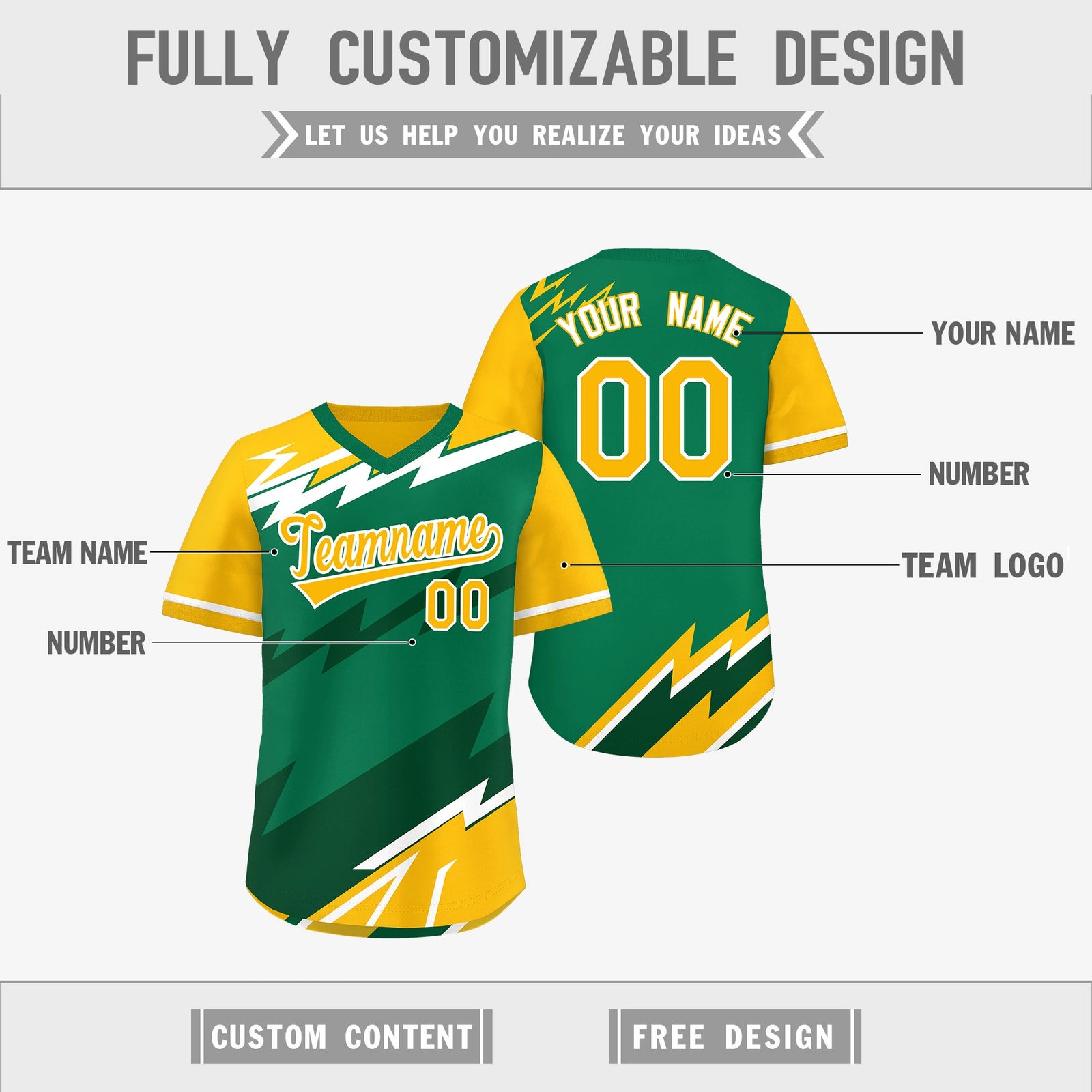 Custom Kelly Green Dark Green Yellow Reversible Tops Lightning Pattern Graffiti Pattern Pullover V-Neck Baseball Jersey| KXKSHOP