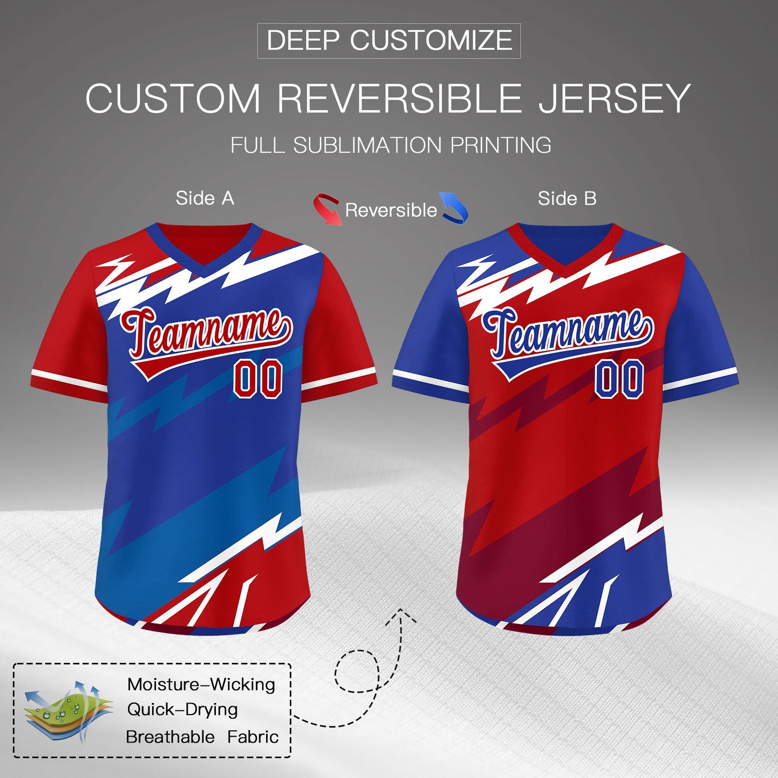 Custom Royal Blue Red Royal Reversible Tops Lightning Pattern Graffiti Pattern Pullover V-Neck Baseball Jersey| KXKSHOP