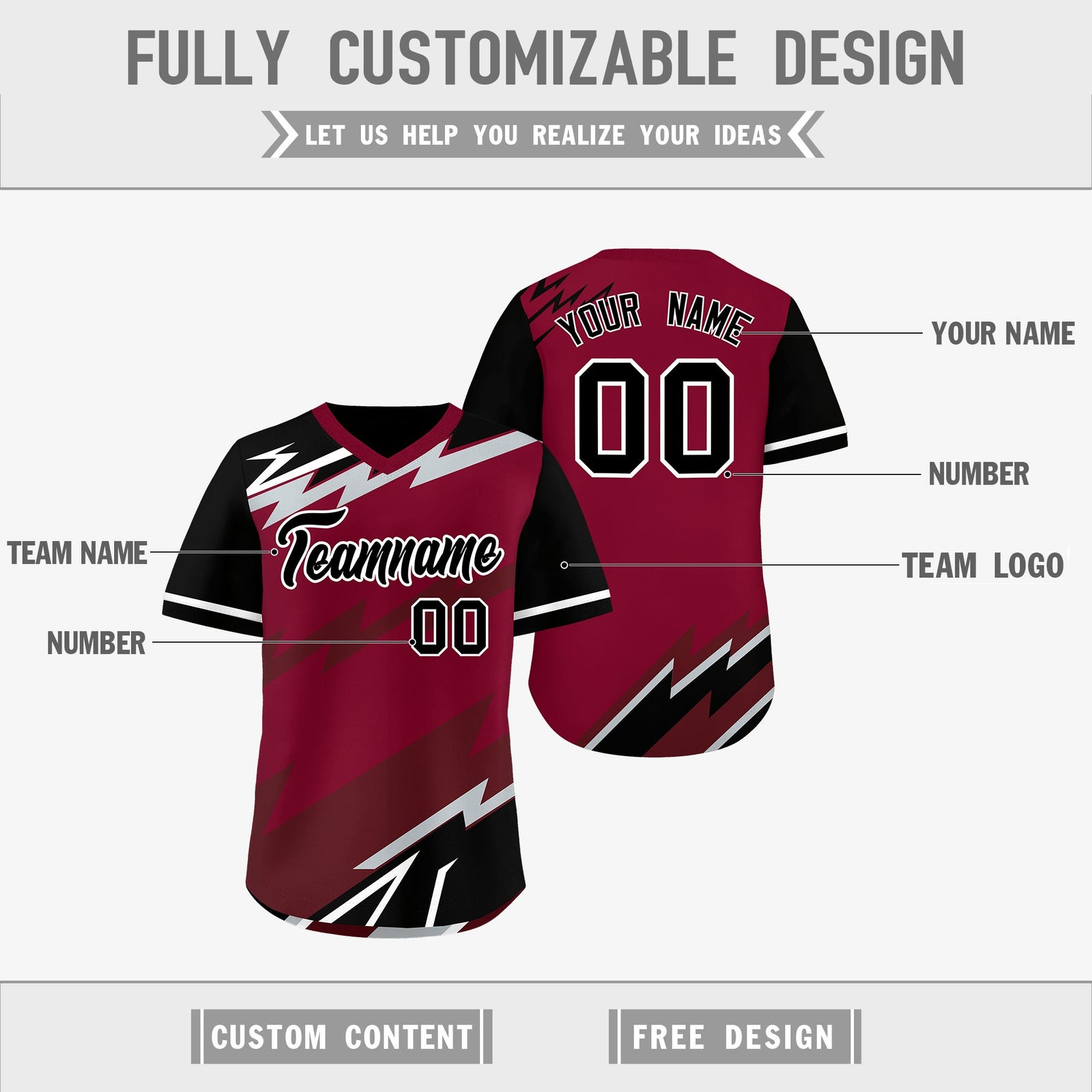 Custom Crimson Black Burgundy Reversible Tops Lightning Pattern Graffiti Pattern Pullover V-Neck Baseball Jersey| KXKSHOP