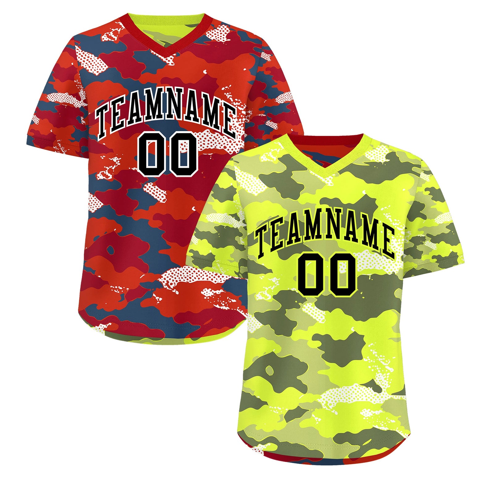 Custom Fluorescent Green Crimson Reversible Camo Stretch Fabric Baseball Jersey| KXKSHOP