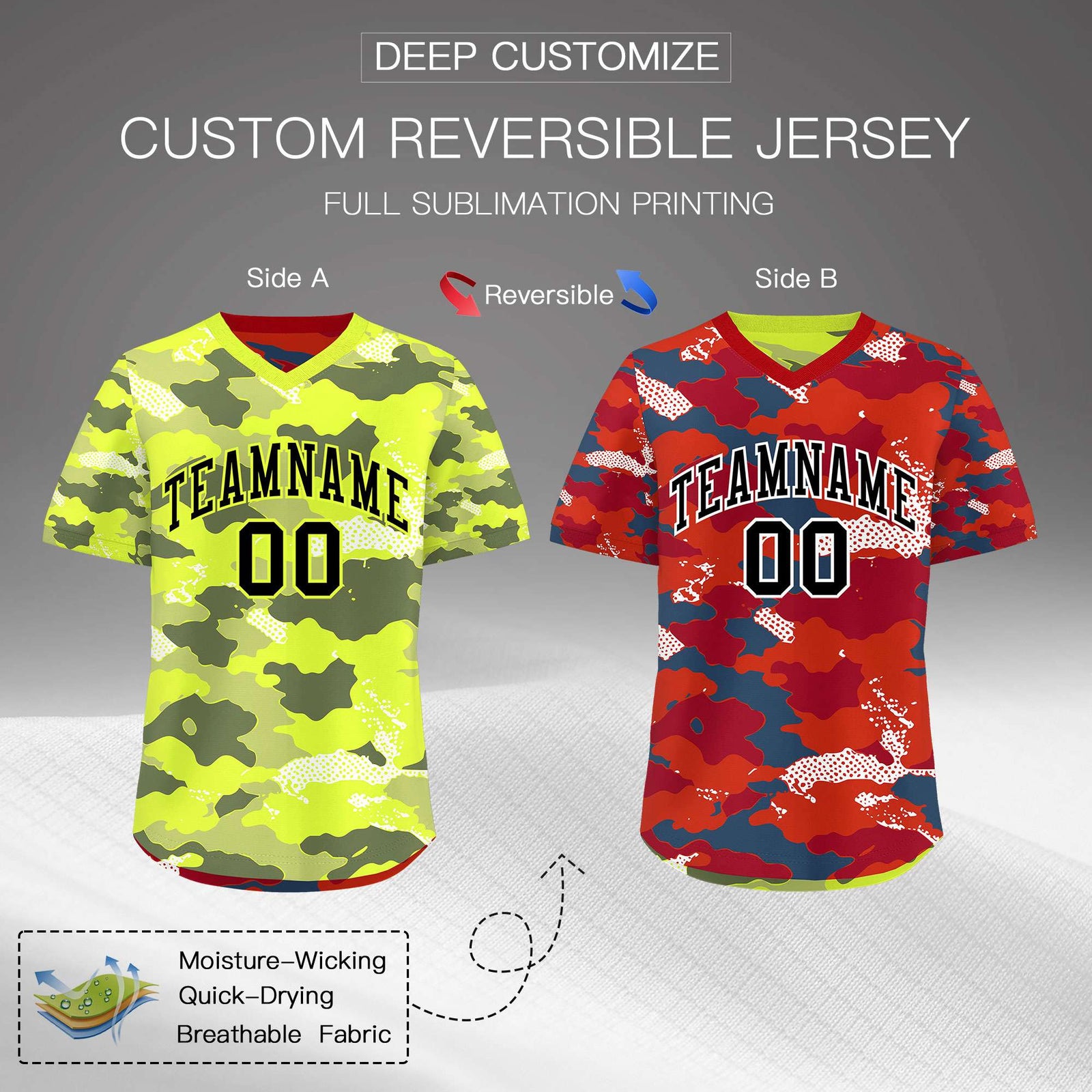 Custom Fluorescent Green Crimson Reversible Camo Stretch Fabric Baseball Jersey| KXKSHOP