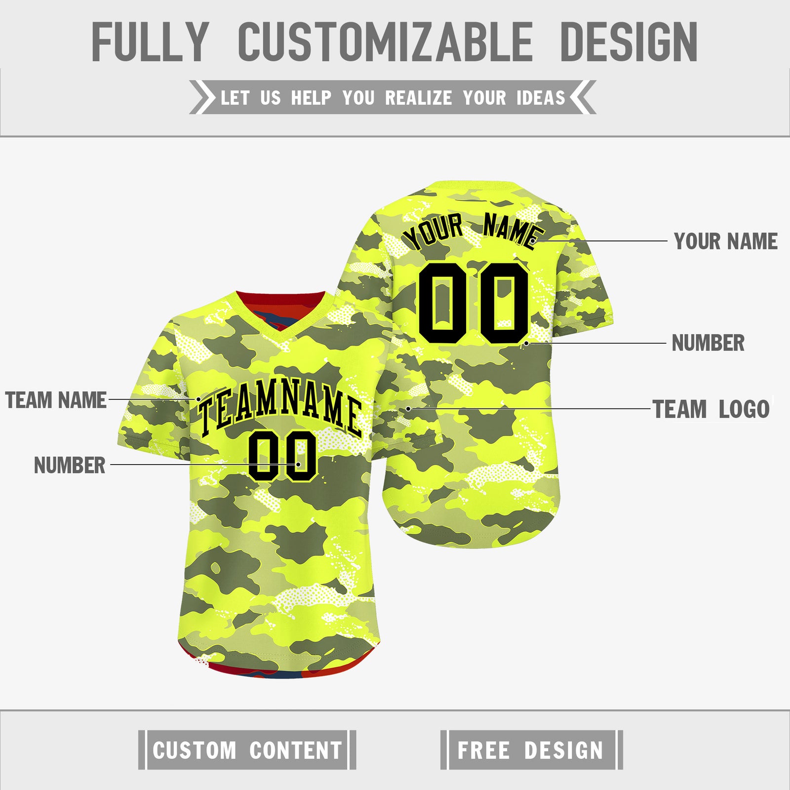 Custom Fluorescent Green Crimson Reversible Camo Stretch Fabric Baseball Jersey| KXKSHOP
