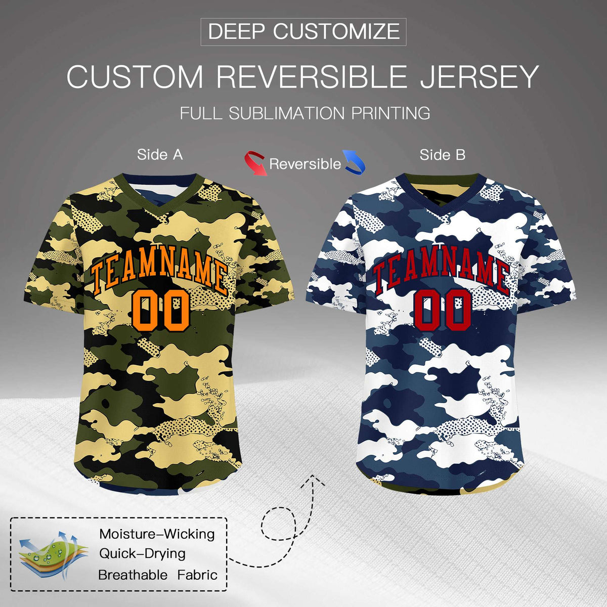 Custom Olive Khaki Midnight Blue Reversible Camo Stretch Fabric Baseball Jersey| KXKSHOP