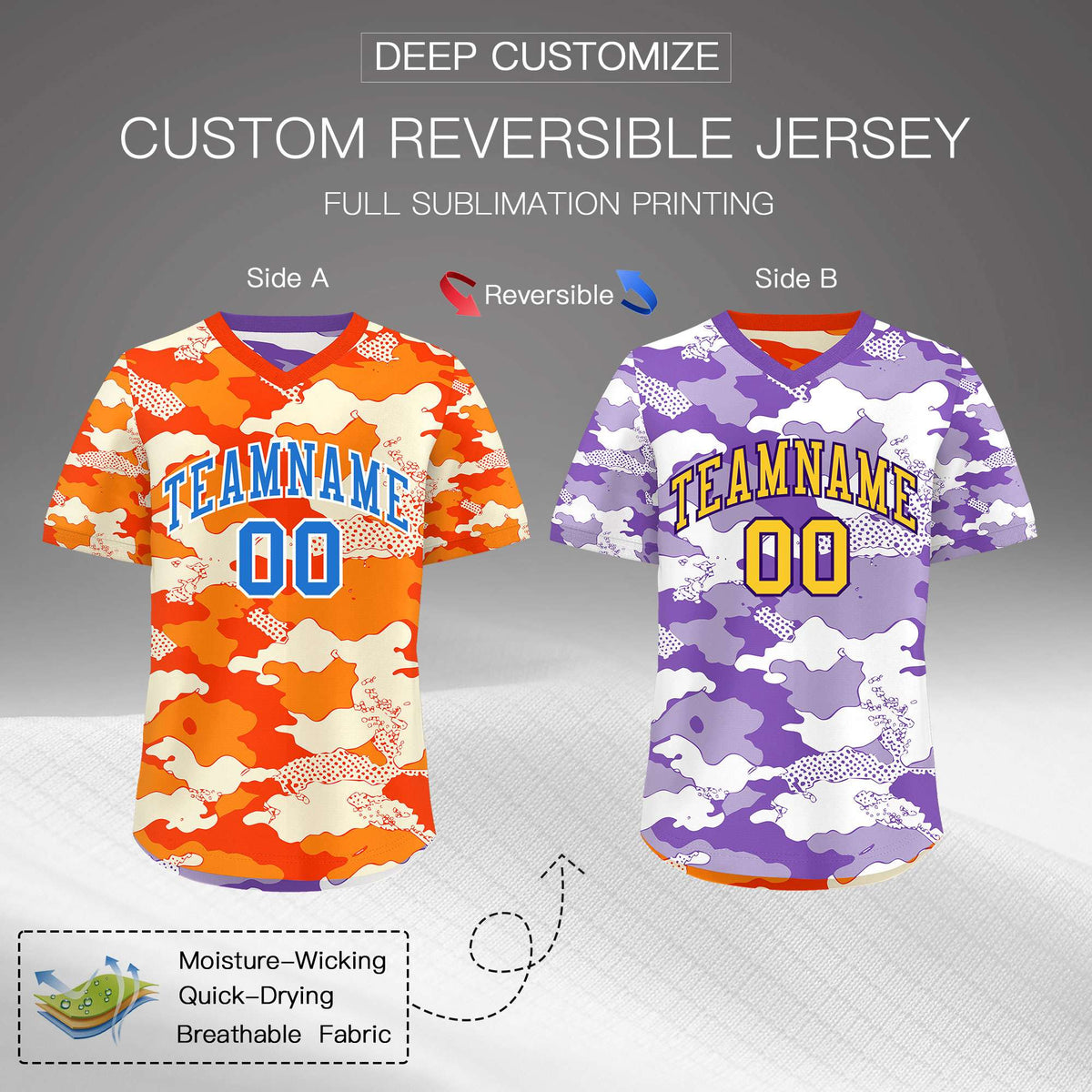 Custom Orange Purple Reversible Camo Breathable Baseball Jersey| KXKSHOP