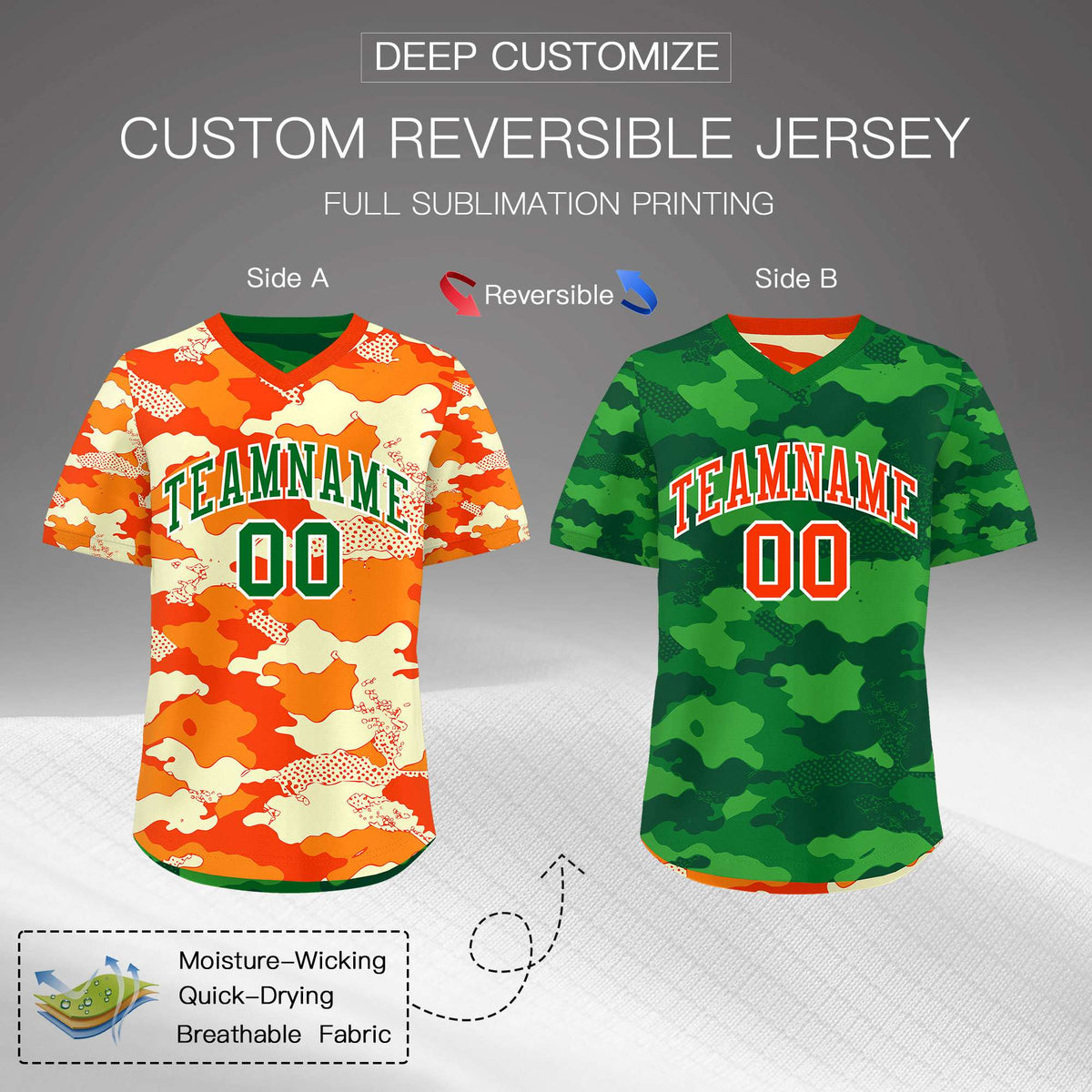 Custom Orange Dark Green Kelly Green Reversible Camo Stretch Fabric Baseball Jersey| KXKSHOP