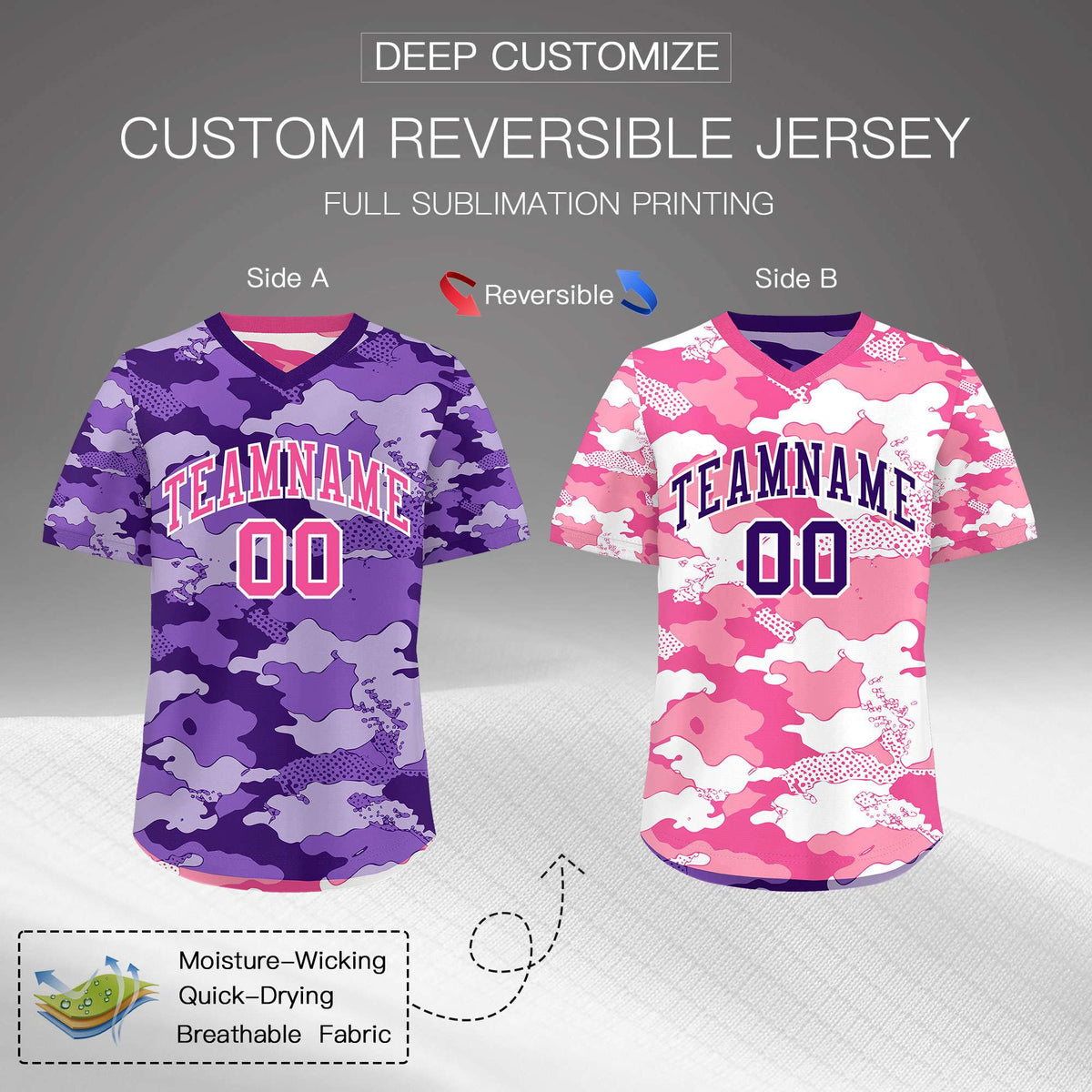 Custom Purple Pink White Reversible Camo Stretch Fabric Baseball Jersey| KXKSHOP