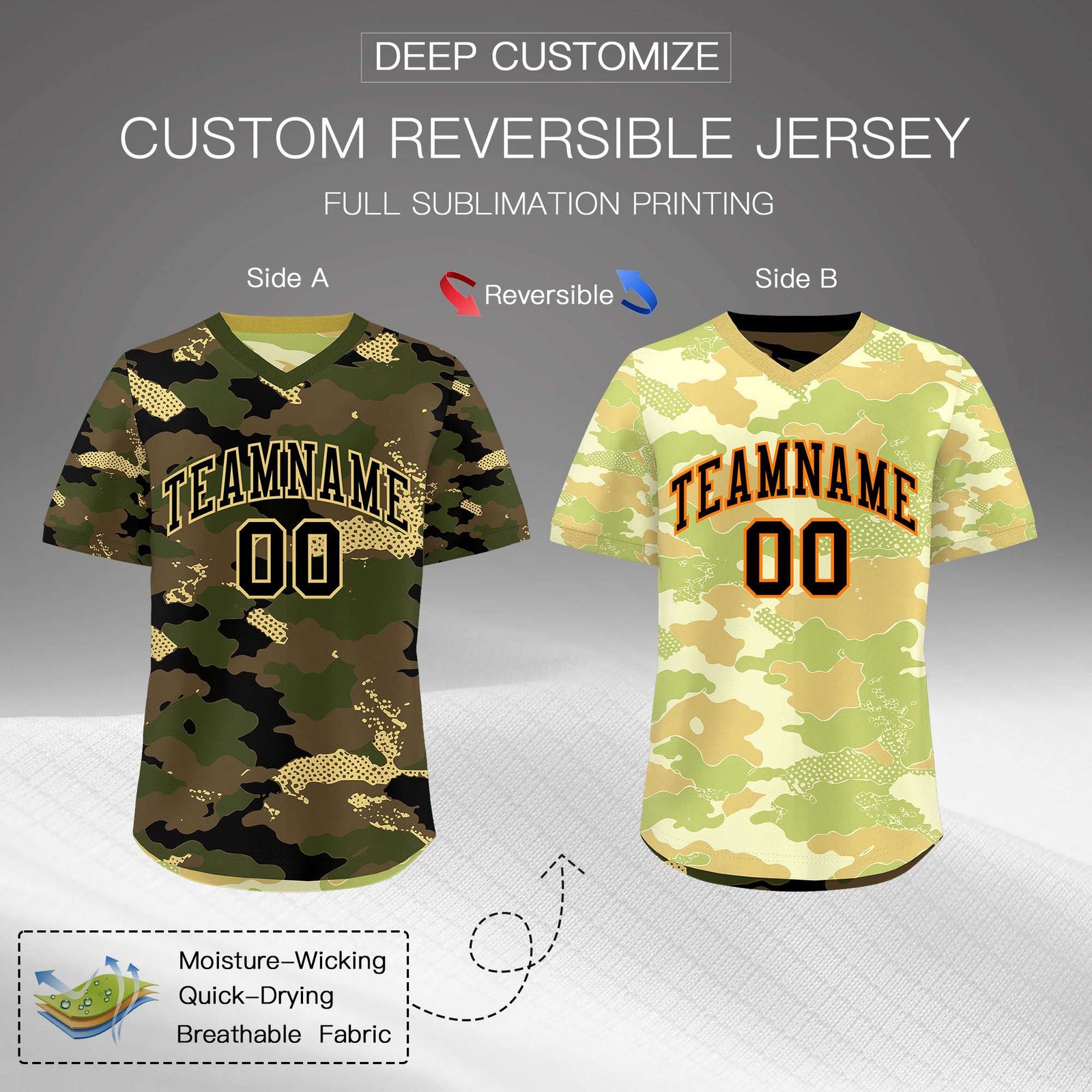Custom Olive Light Brown Khaki Reversible Camo Lightweight Baseball Jersey| KXKSHOP