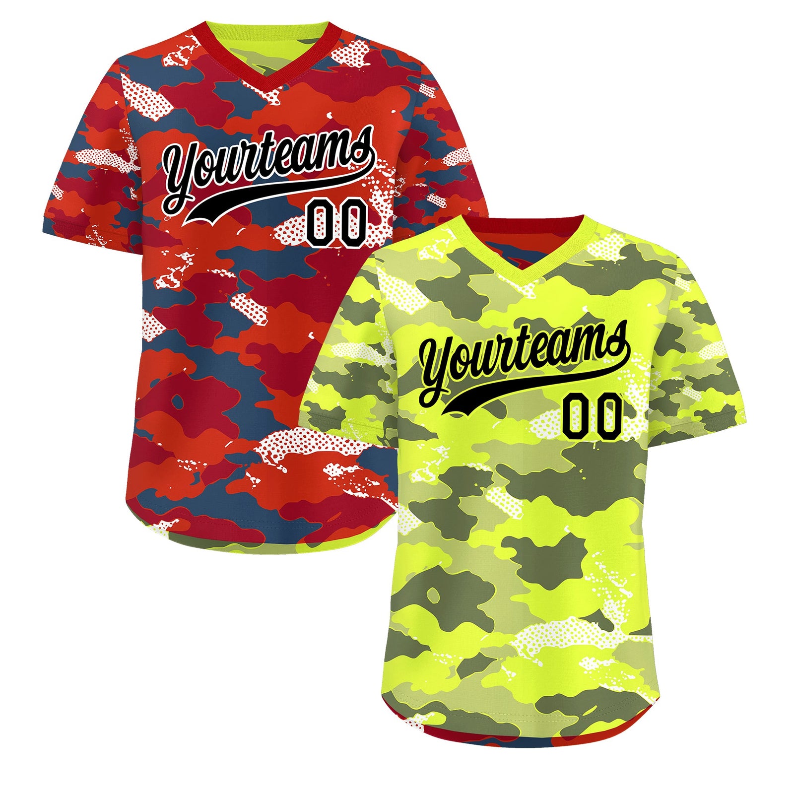 Custom Fluorescent Green Crimson Reversible Camo Stretch Fabric Baseball Jersey| KXKSHOP