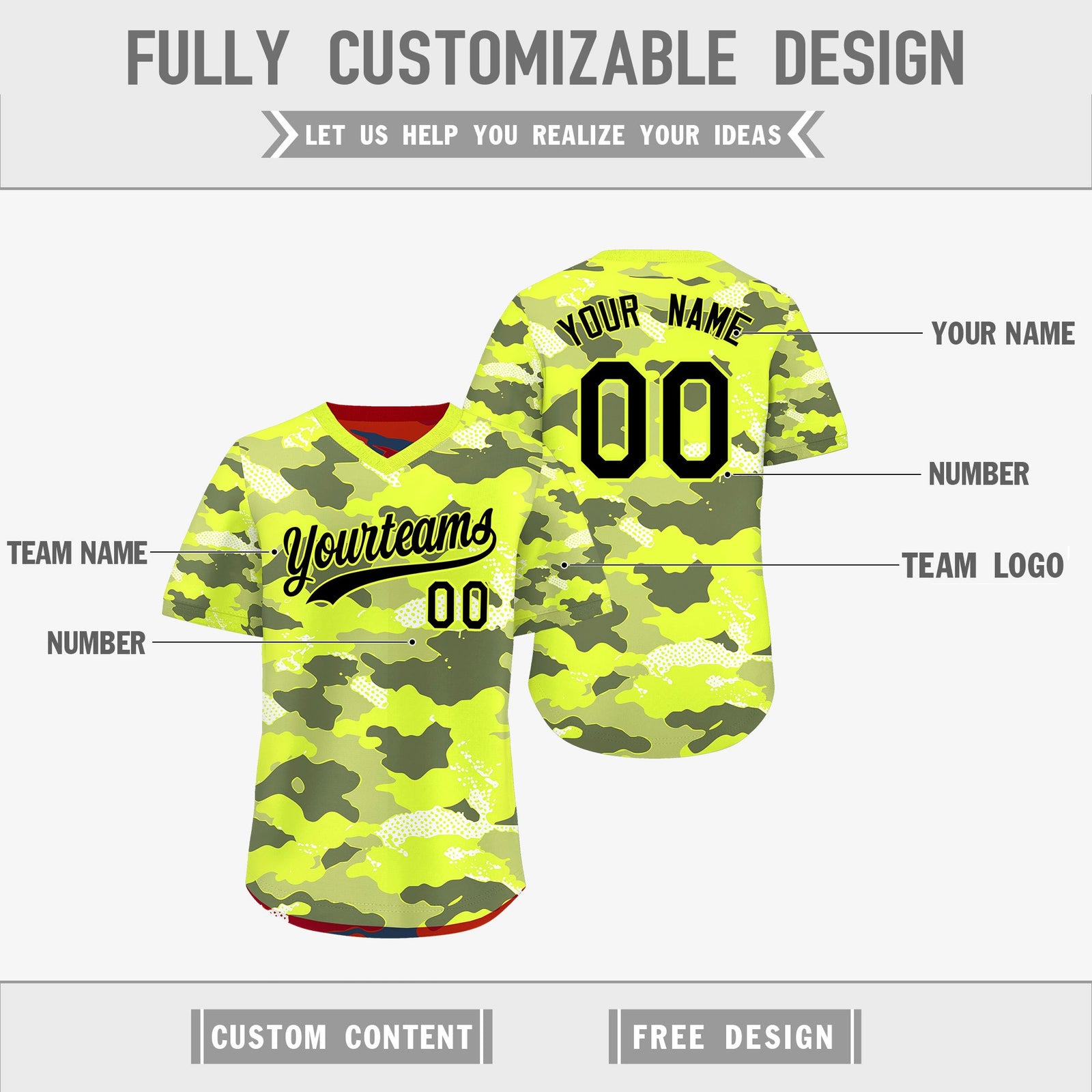 Custom Fluorescent Green Crimson Reversible Camo Stretch Fabric Baseball Jersey| KXKSHOP
