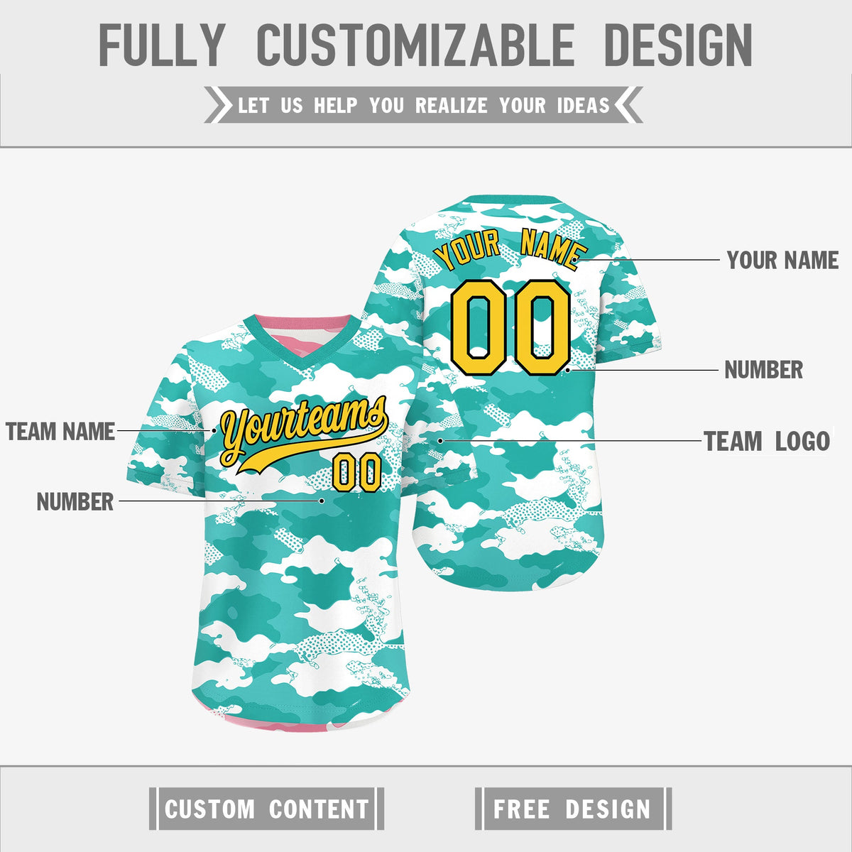 Custom Teal Aqua Light Pink Reversible Camo Stretch Fabric Baseball Jersey| KXKSHOP