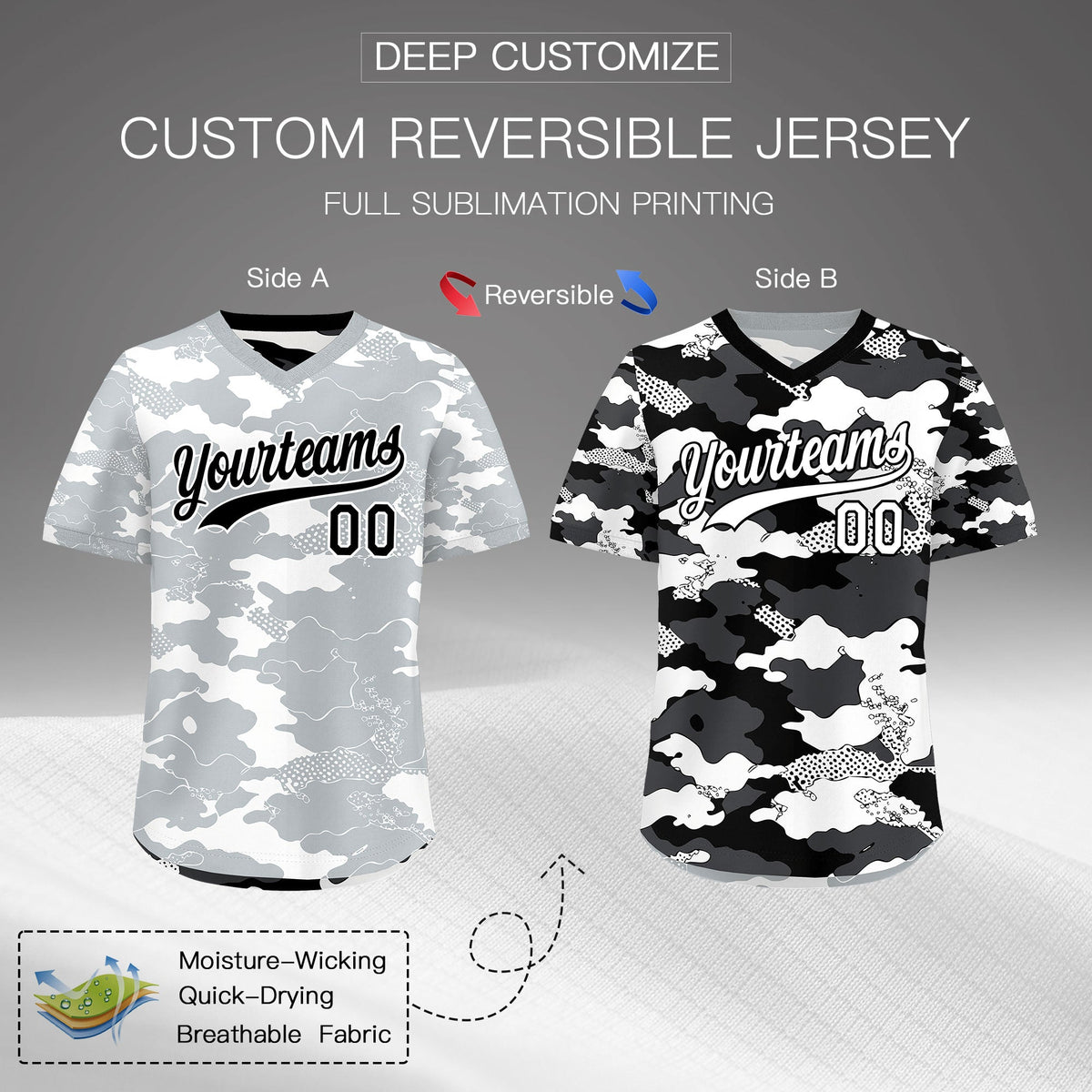 Custom White Black Reversible Camo Breathable Baseball Jersey| KXKSHOP