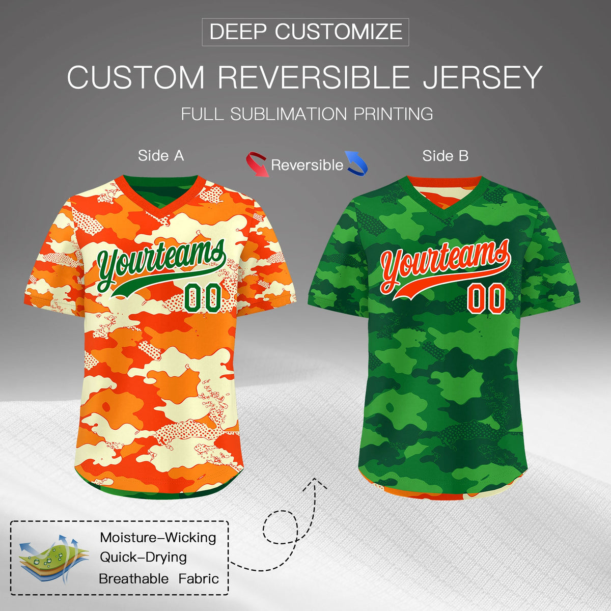 Custom Orange Dark Green Kelly Green Reversible Camo Stretch Fabric Baseball Jersey| KXKSHOP