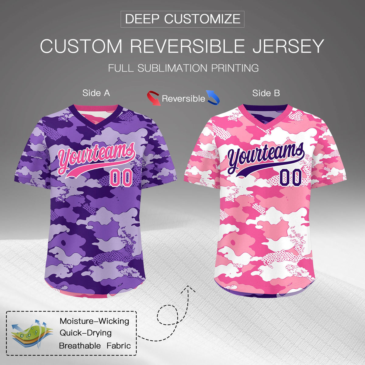 Custom Purple Pink White Reversible Camo Stretch Fabric Baseball Jersey| KXKSHOP