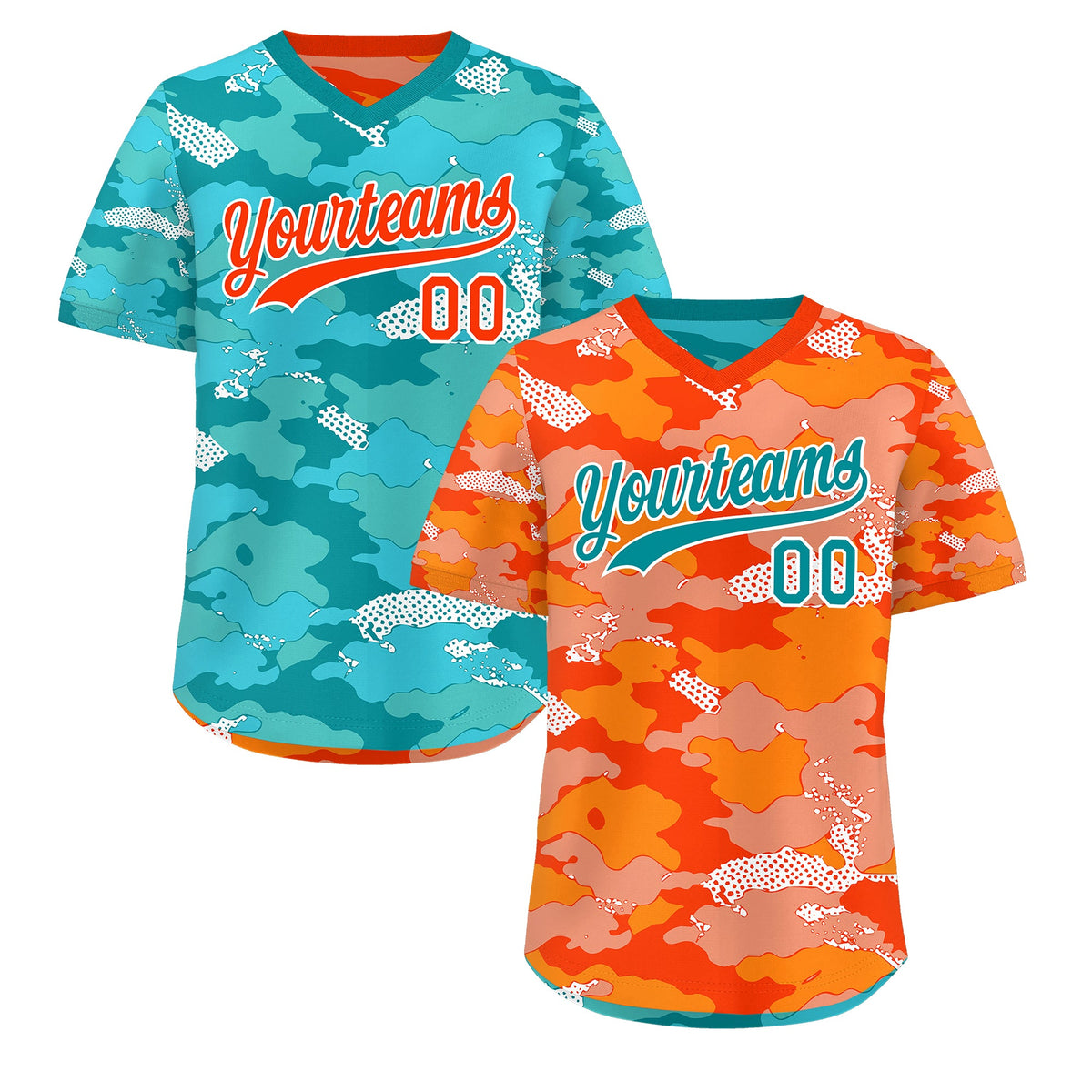 Custom Orange Light Orange Teal Reversible Camo Stretch Fabric Baseball Jersey| KXKSHOP