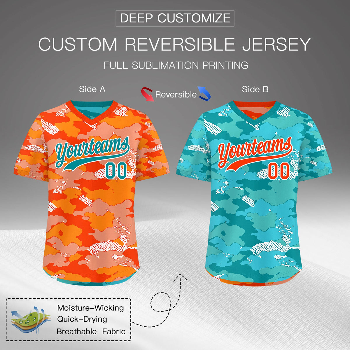 Custom Orange Light Orange Teal Reversible Camo Stretch Fabric Baseball Jersey| KXKSHOP