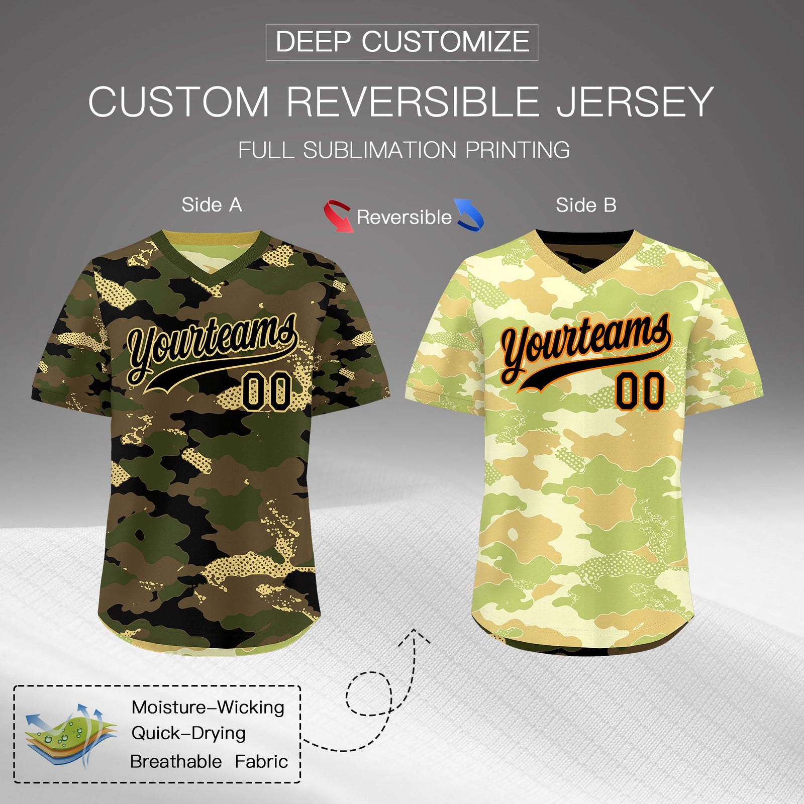 Custom Olive Light Brown Khaki Reversible Camo Lightweight Baseball Jersey| KXKSHOP