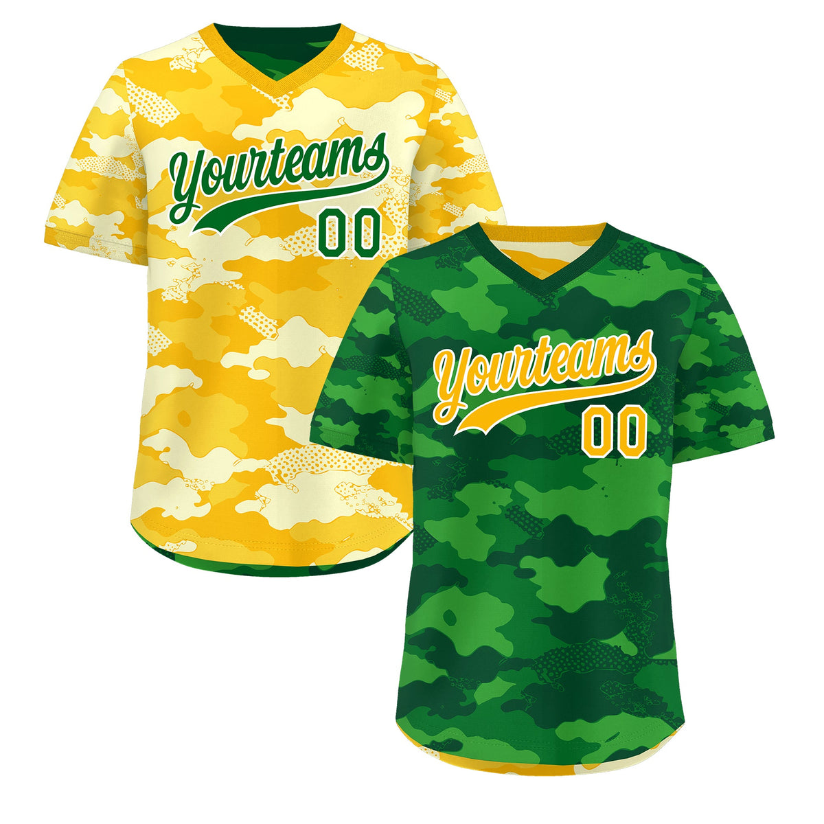Custom Kelly Green Light Green Yellow Reversible Camo Stretch Fabric Baseball Jersey| KXKSHOP