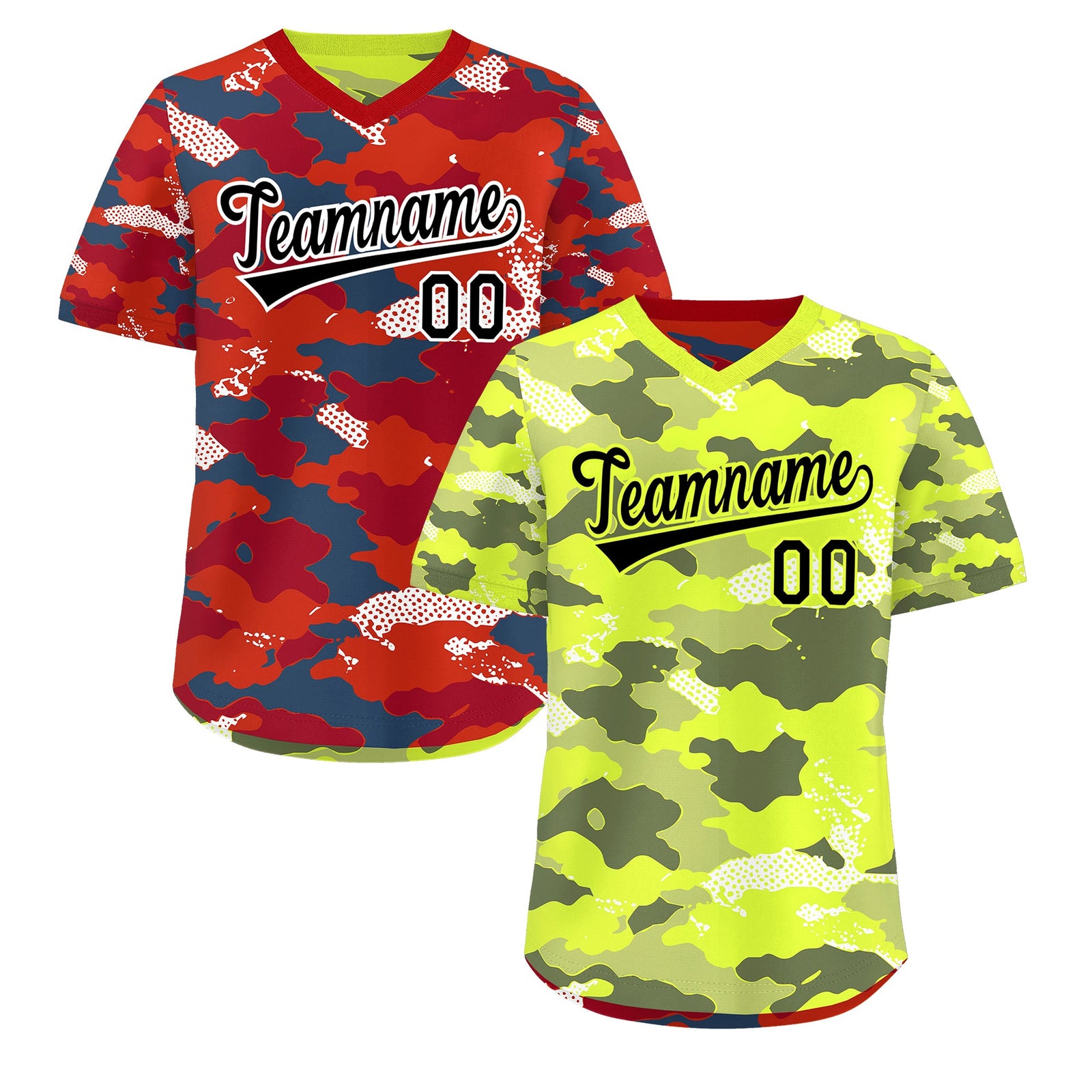 Custom Fluorescent Green Crimson Reversible Camo Stretch Fabric Baseball Jersey| KXKSHOP
